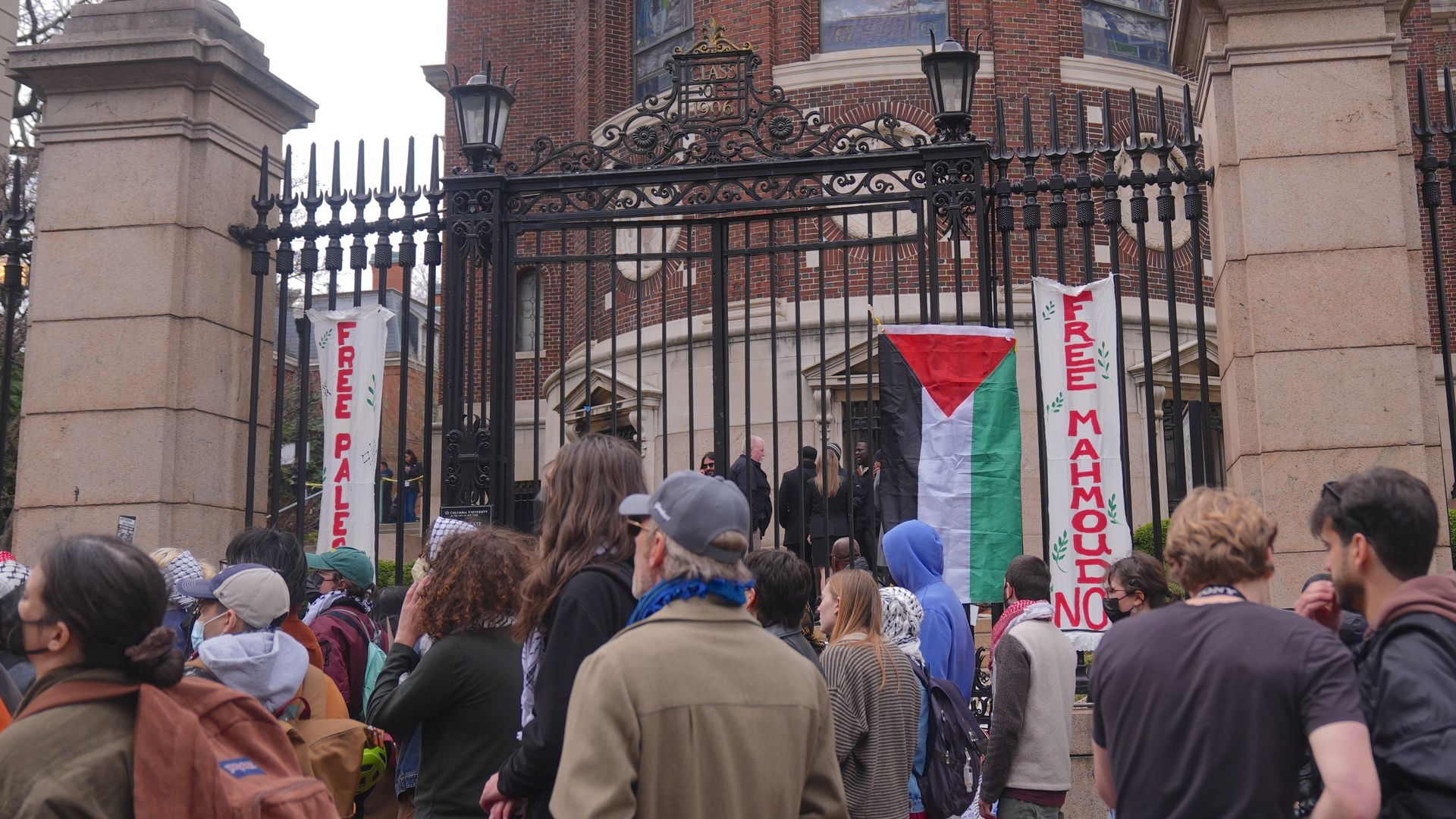 NEW YORK, UNITED STATES - APRIL 02: Jewish students chain themselves to the gates of Columbia University, demanding accountability from the university's trustees following the arrest of Mahmoud Khalil, in New York, United States on April 2, 2025. (Photo by Selcuk Acar/Anadolu via Getty Images)