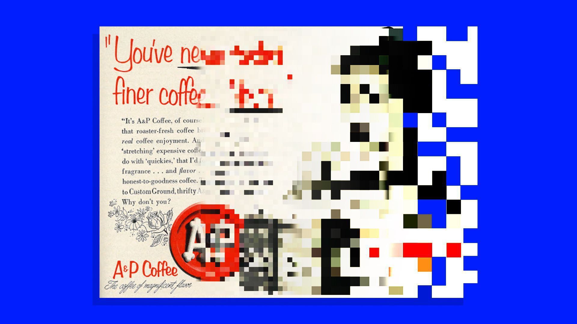 Old fashioned magazine advertisement bleeds into pixelated digital ad