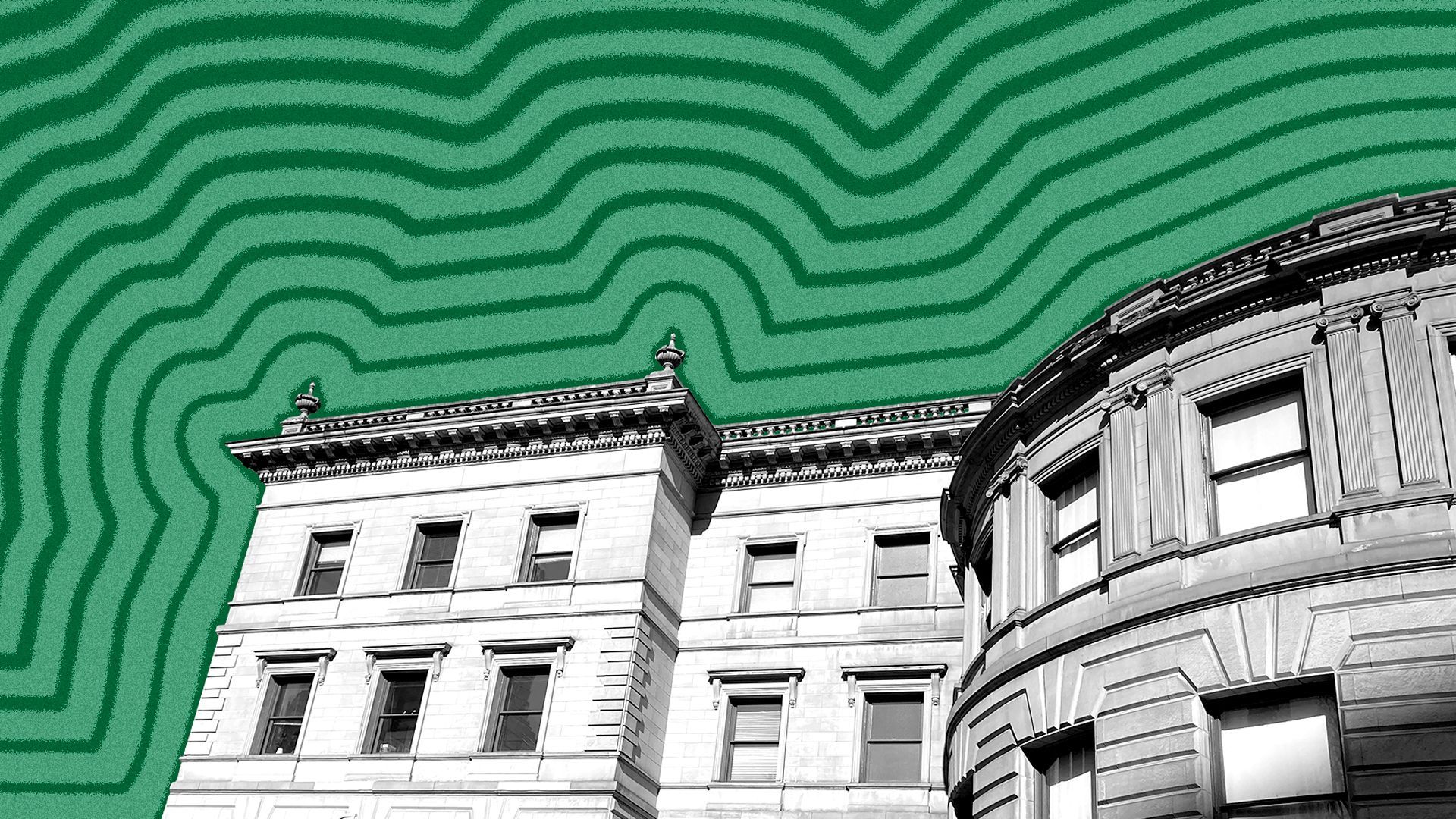 Photo illustration of Portland City Hall with lines radiating from it. 