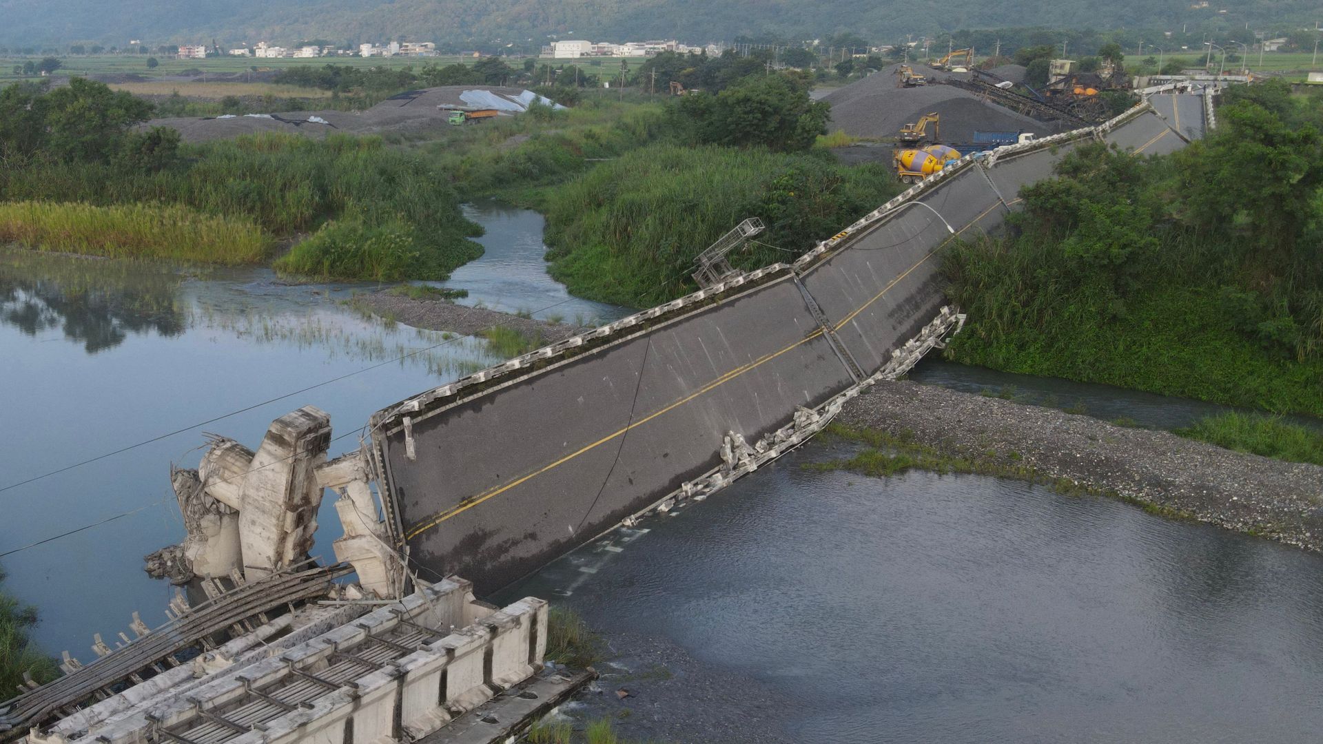 An aerial view shows the collapsed Kaoliao bridge in eastern Taiwan's Hualien county on September 19, 2022,