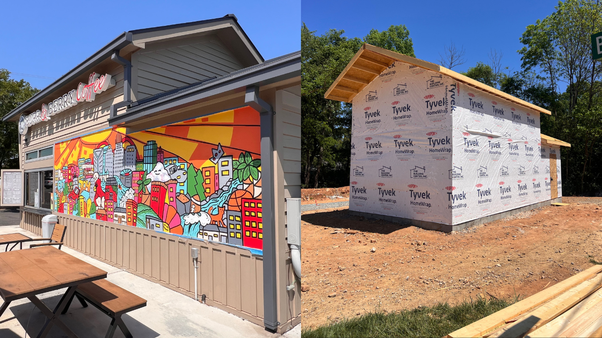 Split image: left a cafe with a bright cityscape mural on the wall and outdoor picnic tables; right a small house under construction wrapped in Tyvek with a wooden pitched roof.