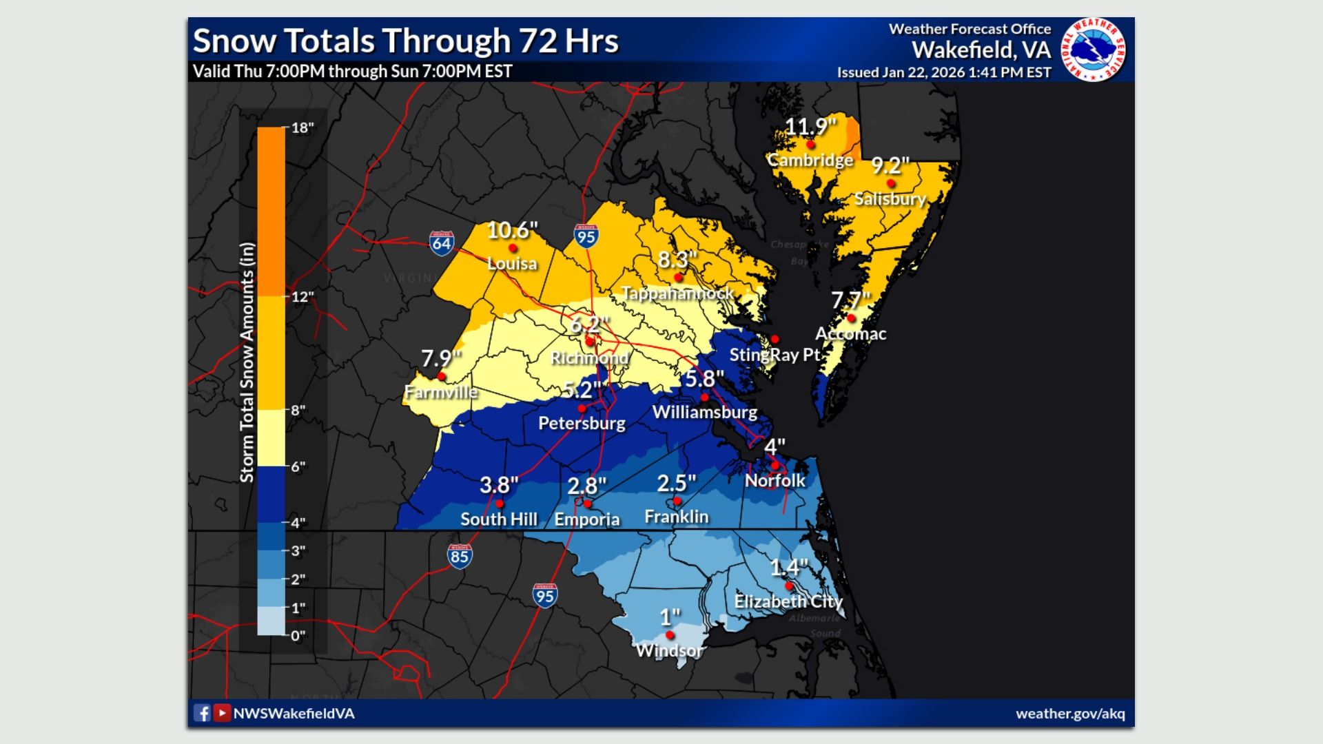 a map showing Richmond should expect 6 inches of snow this weekend 
