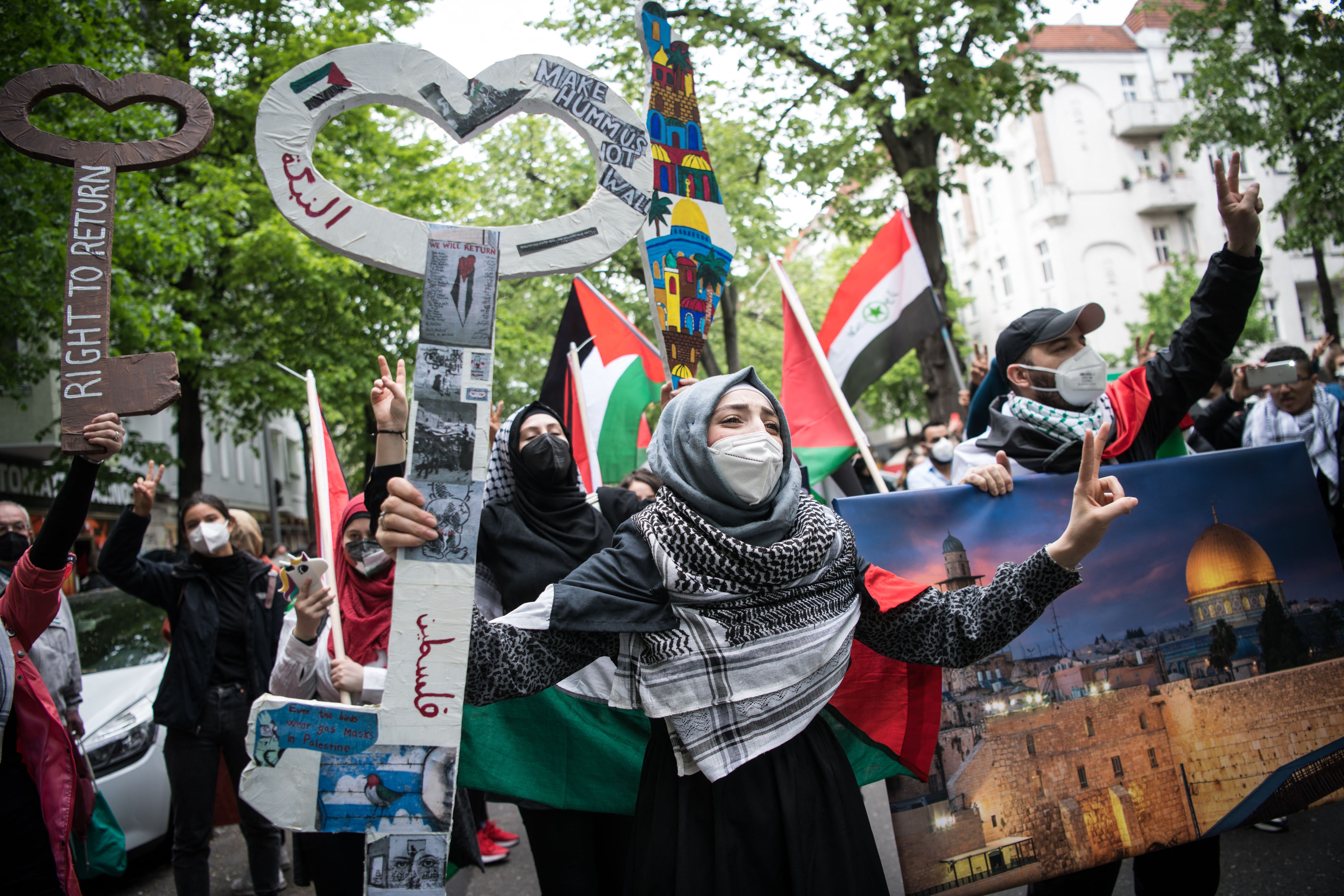Protesters take part in a pro-Palestinian demonstration on May 15, 2021 in Berlin. 
