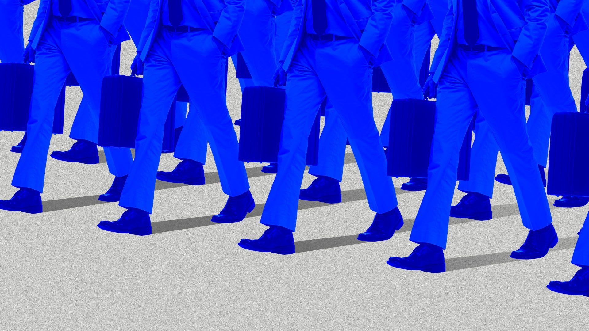 Illustration of ranks of legs and briefcases in blue