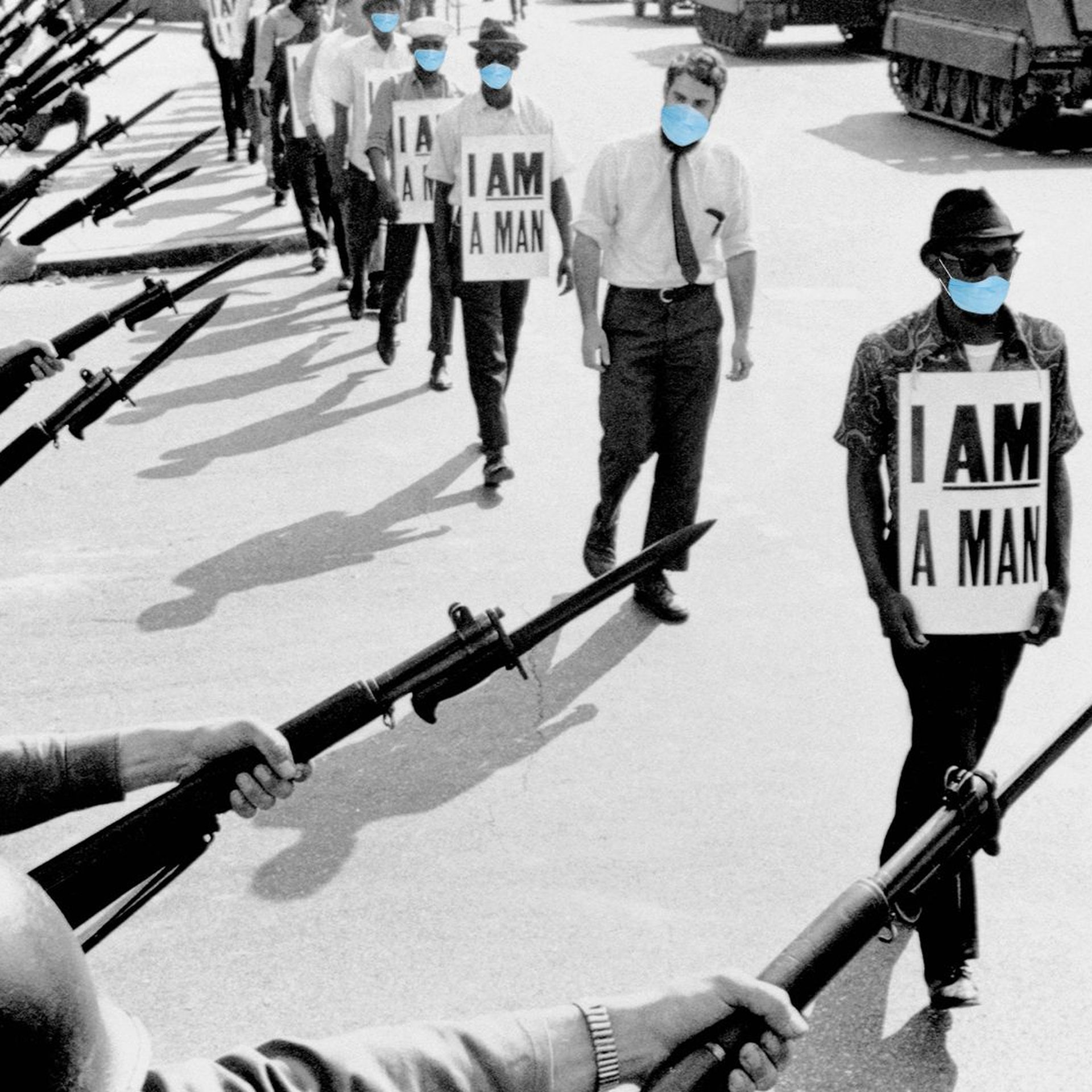 Illustration of Civil Rights marchers with "I Am A Man" signs wearing surgical masks