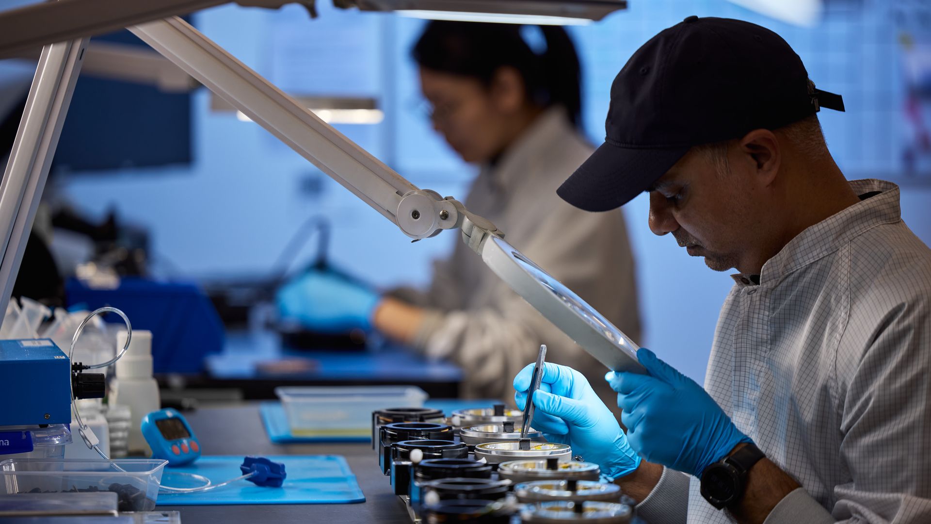 Two lab technicians in a blue-lit lab at a bench; foreground man in a dark cap and blue gloves uses tweezers on metal petri dish lids as a second researcher works in the blurred background.
