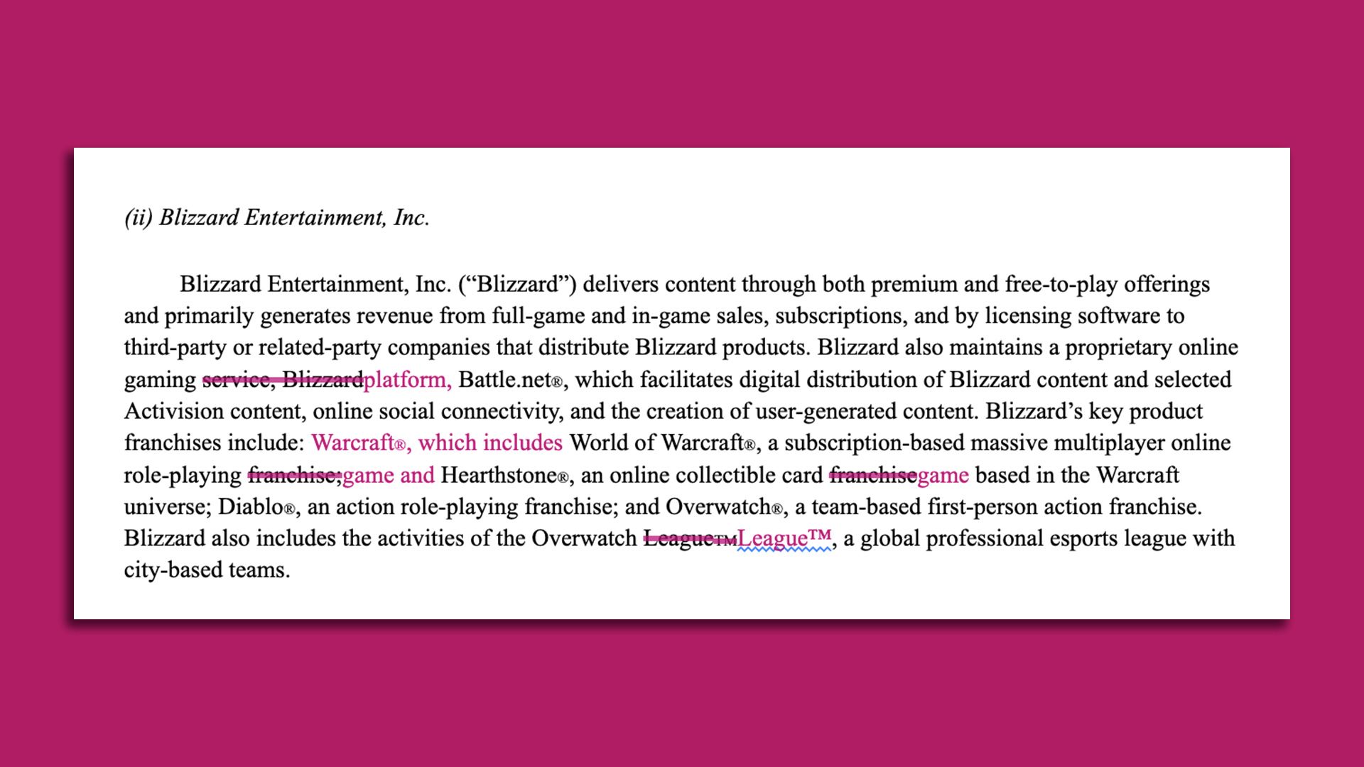 Screenshot of a paragraph describing the Blizzard gaming division, with references to World of Warcraft changed to just Warcraft