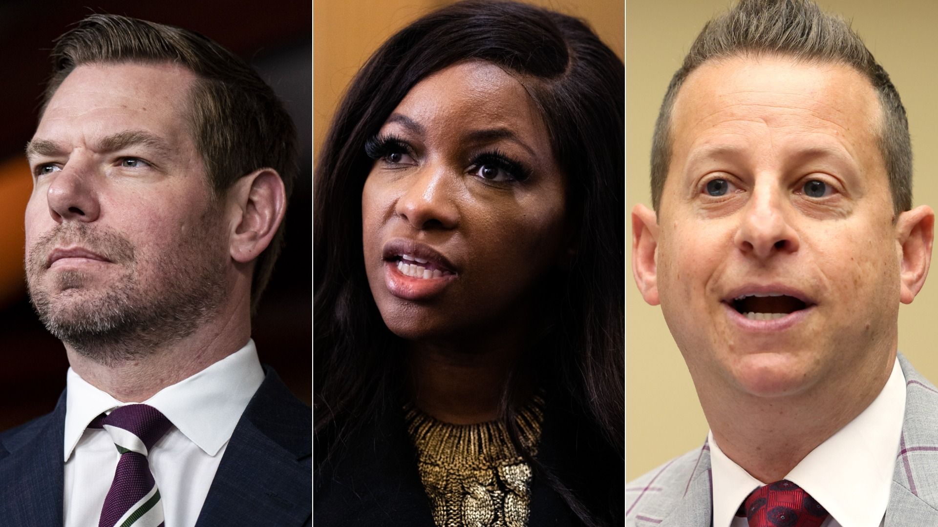 Three separate photos with Reps. Eric Swalwell, wearing a blue suit, Jasmine Crockett, wearing a black blazer, and Jared Moskowitz, wearing a gray suit.