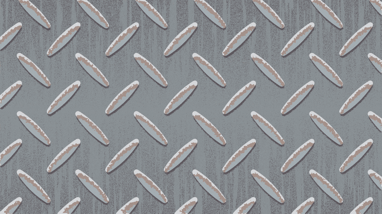 Animated illustration of a steel tread plate, with the tread marks changing into exclamation points.