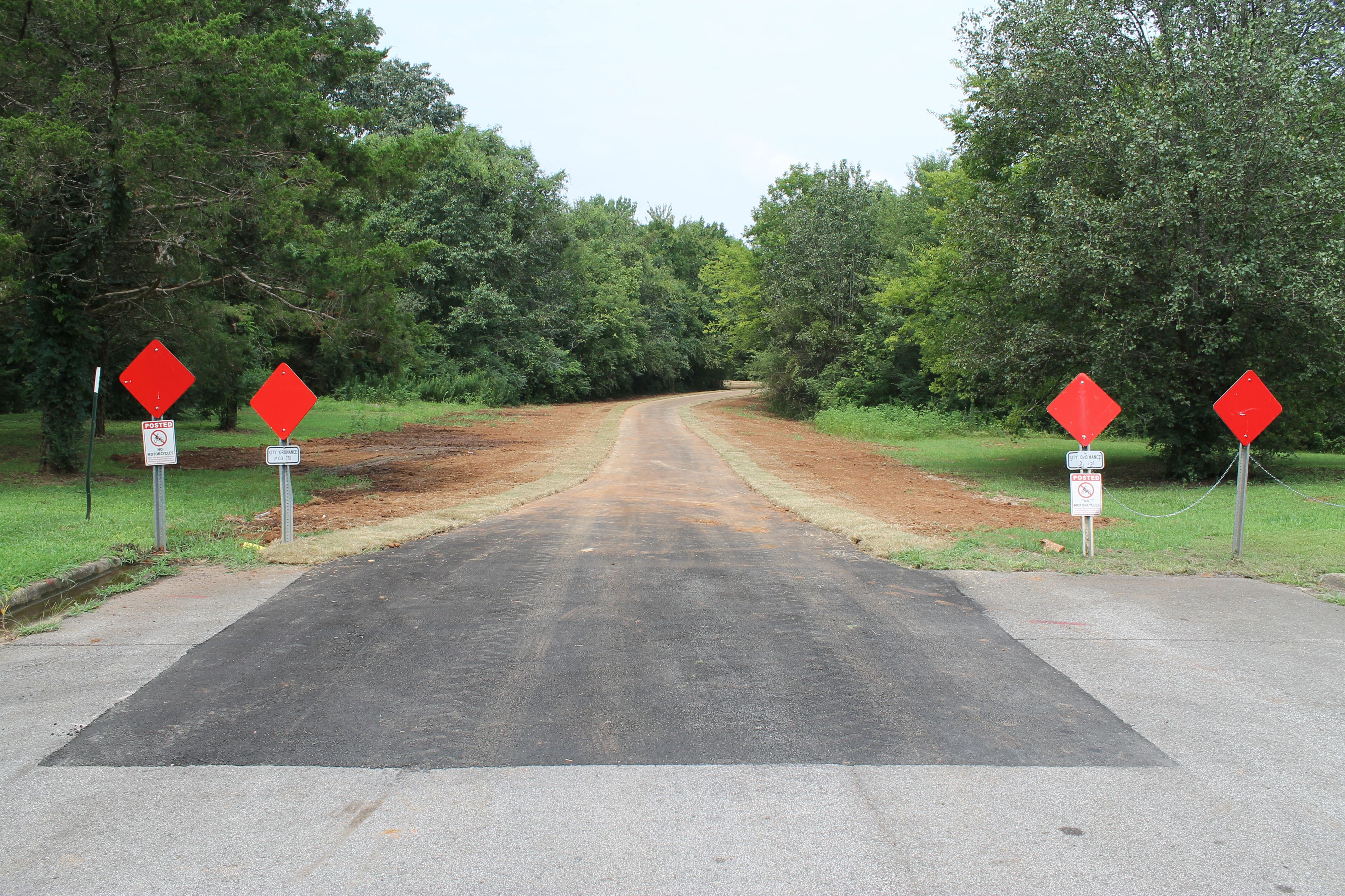 A dirt road winds through a dense green forest, with bright orange diamond warning signs posted along both sides; a paved road edge is visible in the foreground.