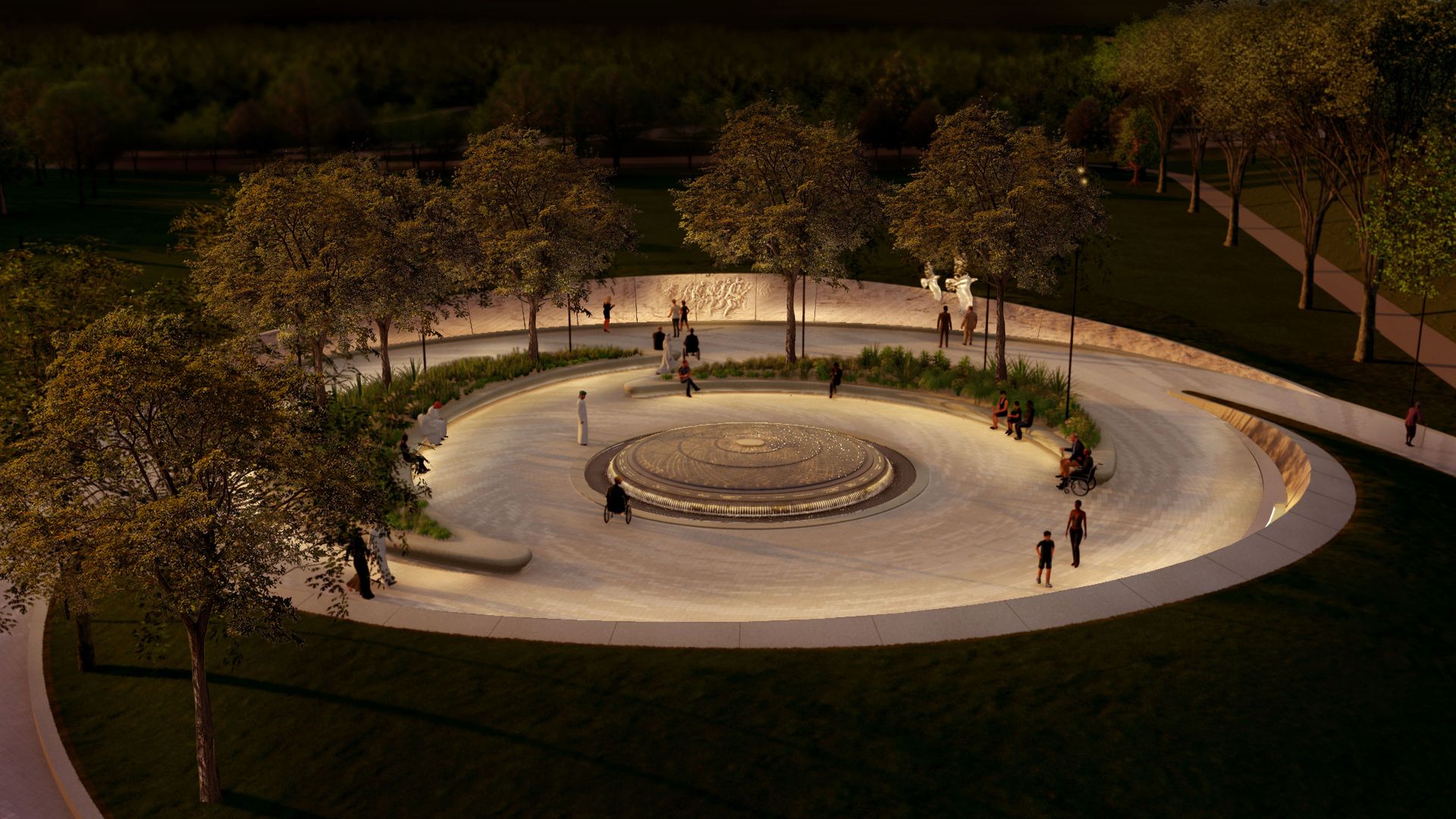 Nighttime park scene: circular, lit plaza with a central fountain, surrounding ring pool, and trees; people walk, sit, and admire a wall sculpture.
