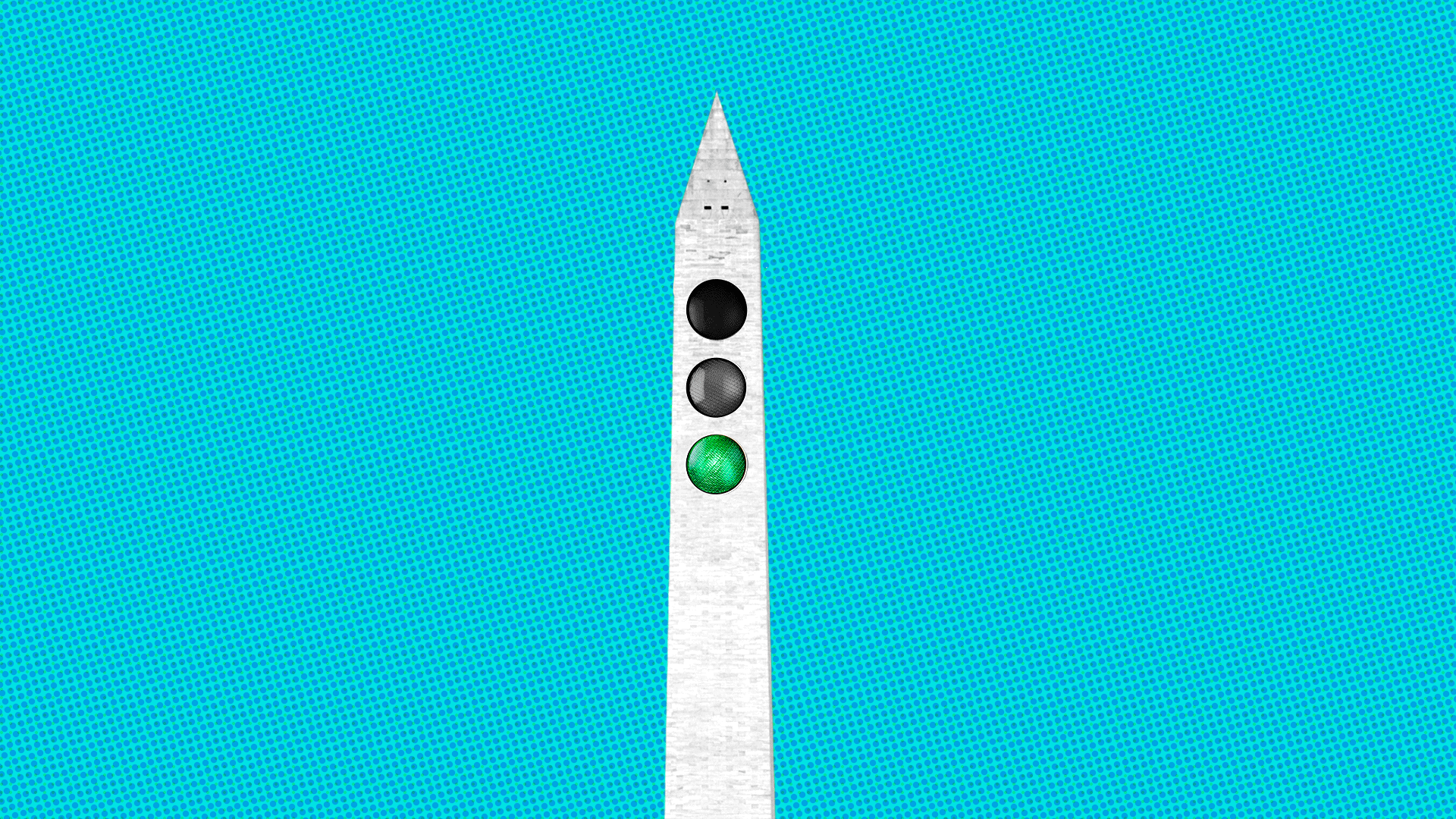 Animated illustration of the Washington Monument with a traffic signal embedded into the monument alternating between a green, yellow and red light.