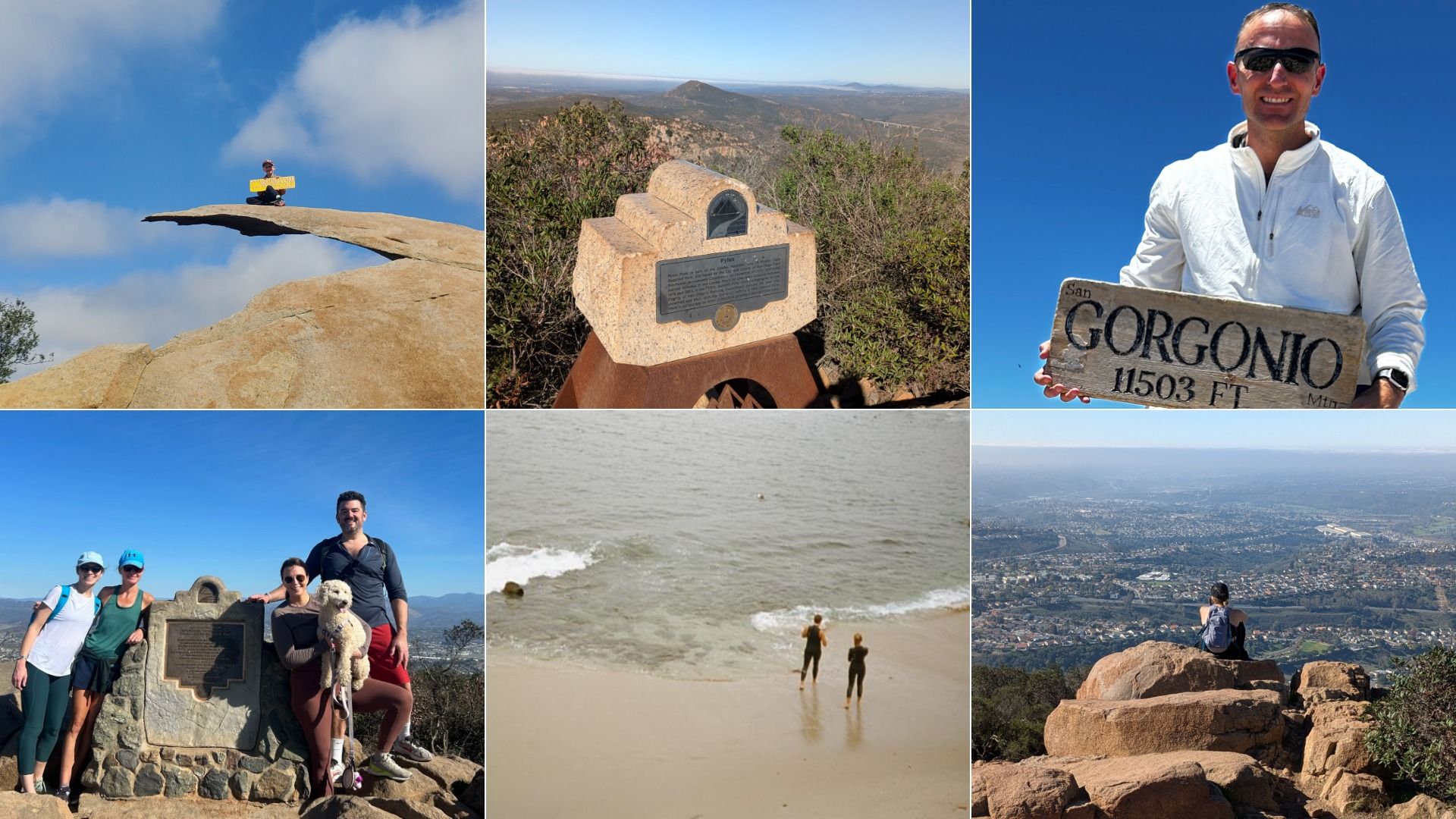 Collage of six outdoor photos showing mountain views, hikers on rocks, a summit plaque, a man holding a "GORGONIO 11503 FT" sign, a family with a dog at a plaque, and two people on a sandy beach by the ocean.