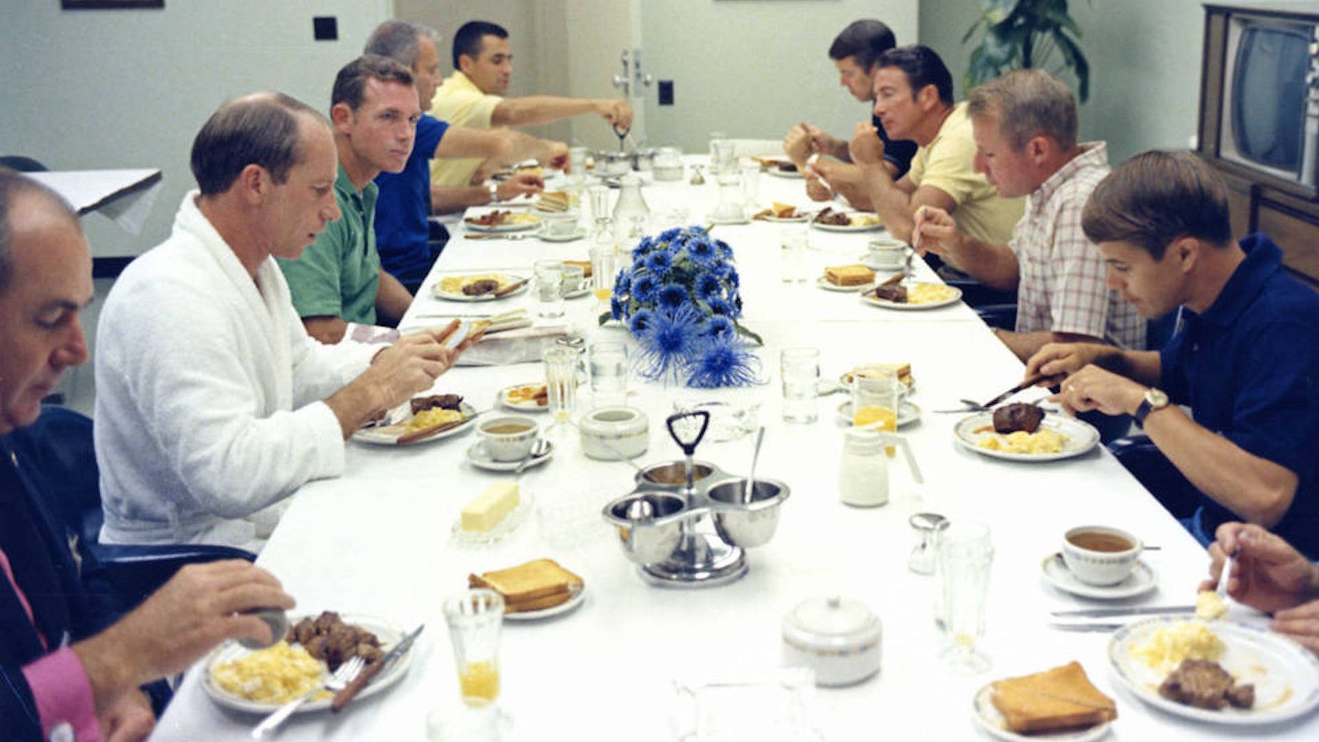 Apollo 15 astronauts eat breakfast ahead of flight