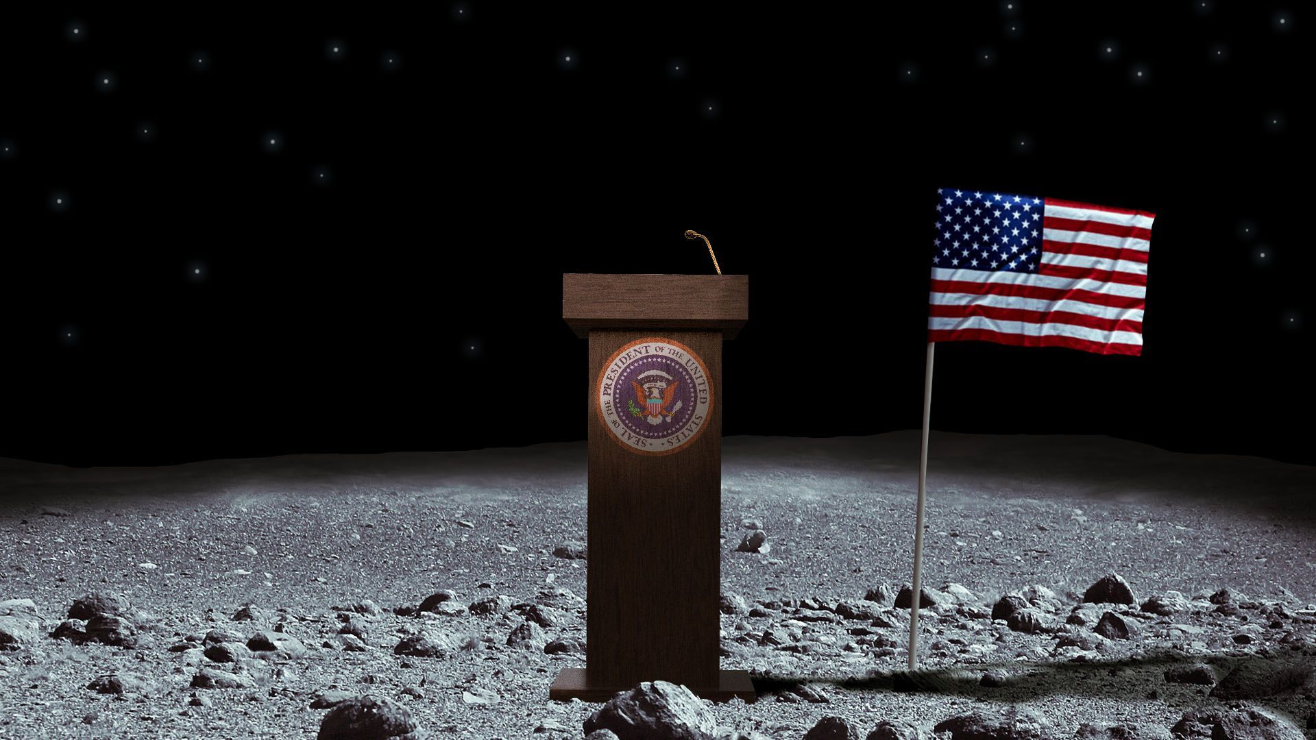 Illustration a podium with the United States Presidential Seal and the U.S. flag on the surface of the moon
