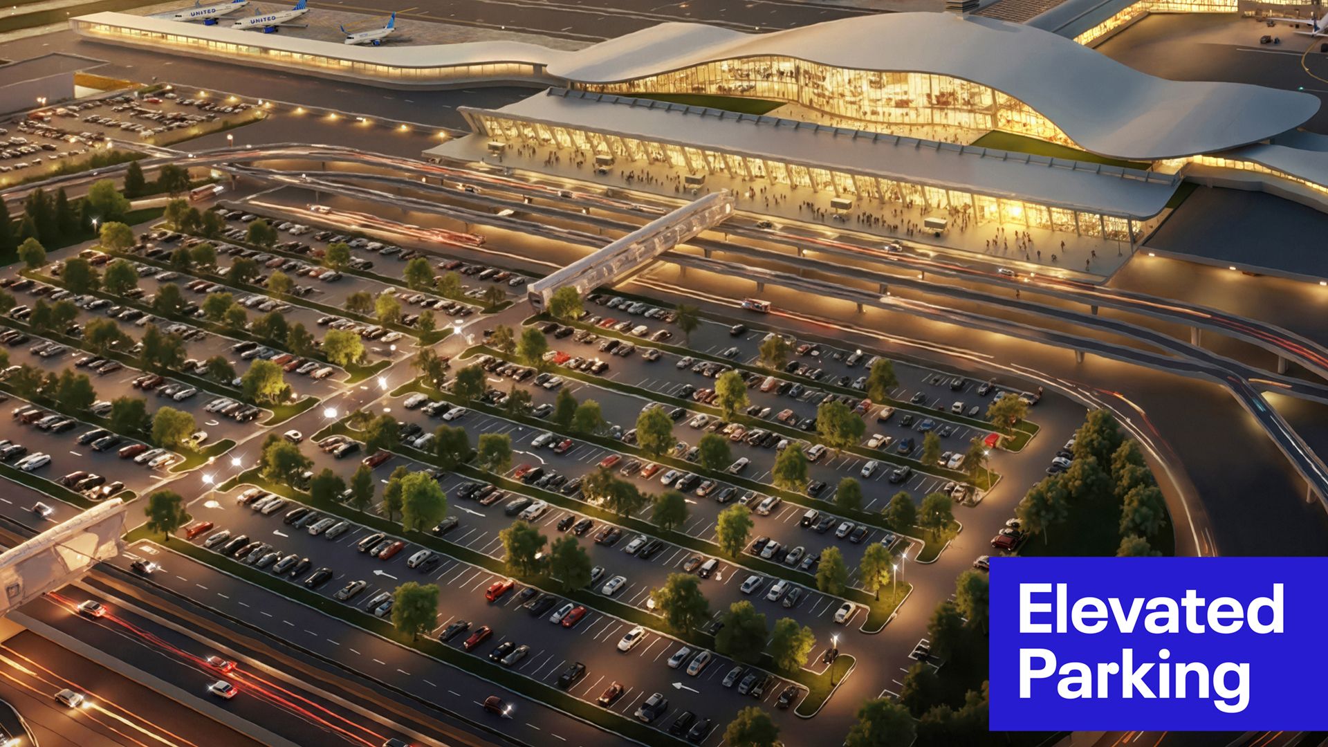 Aerial view of a futuristic airport with a curvilinear glass terminal, elevated parking ramps, and numerous parked cars. Bright interior lighting; planes on the tarmac in the background.