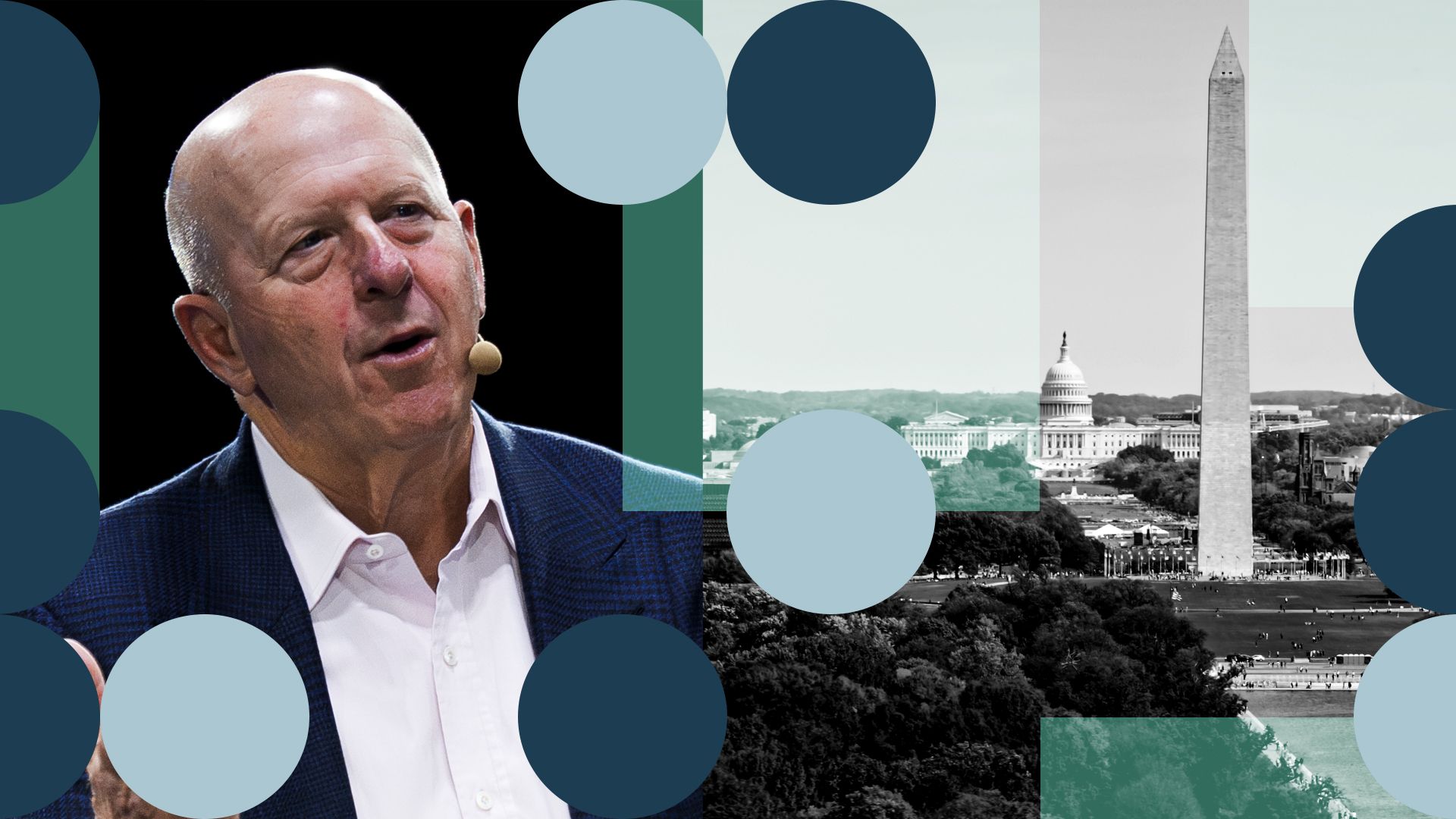 Photo illustration of David Solomon and the city of Washington, D.C., surrounded by abstract shapes. 