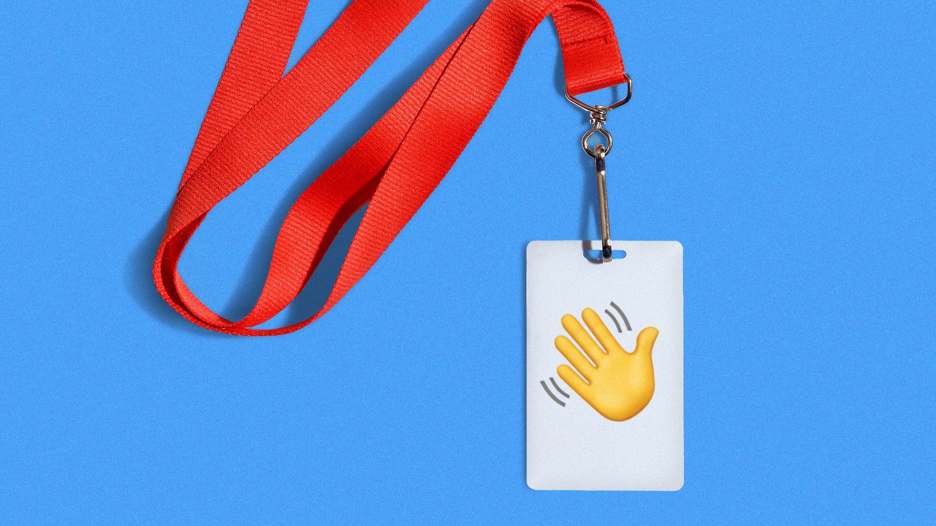 a photo of an ID badge on a lanyard with a waving hand emoji printed on it 