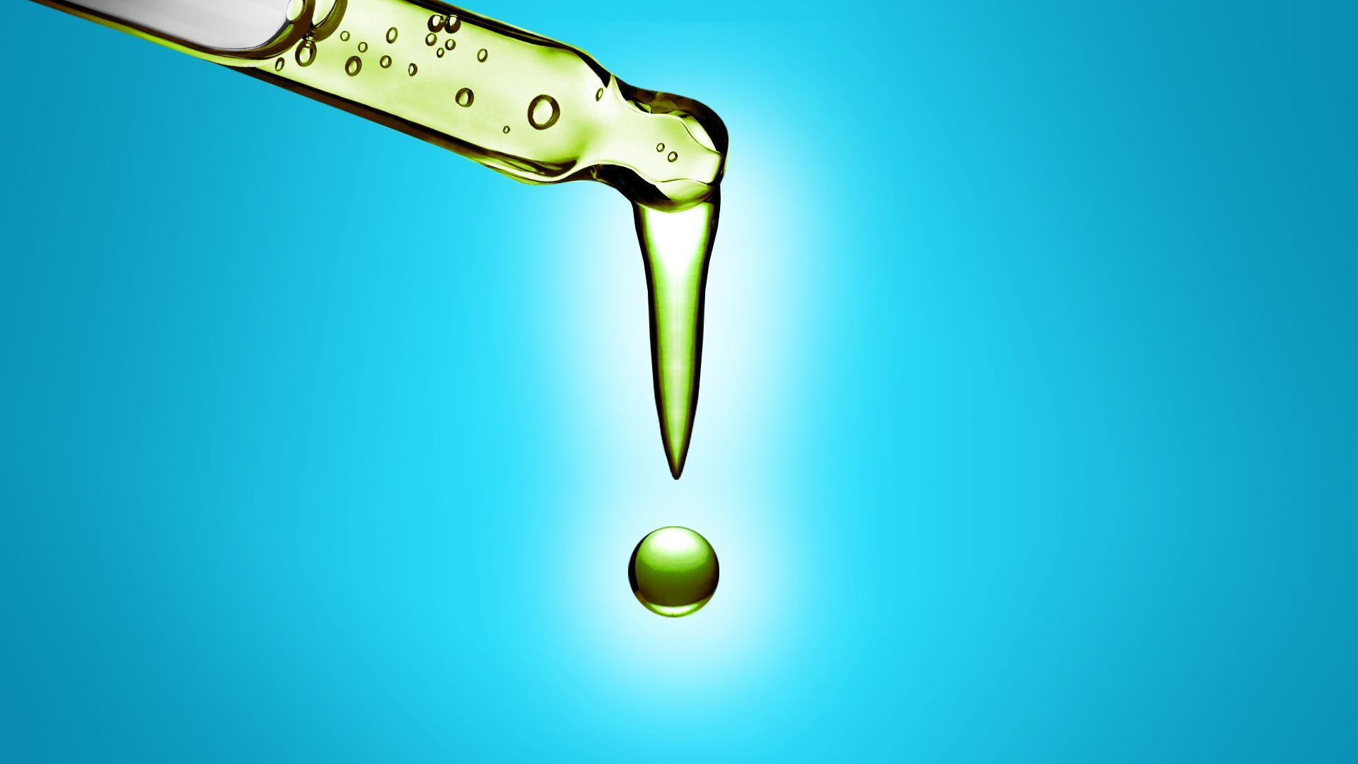 Illustration of a skin serum pipette with serum falling downward which forms the shape of an exclamation point.