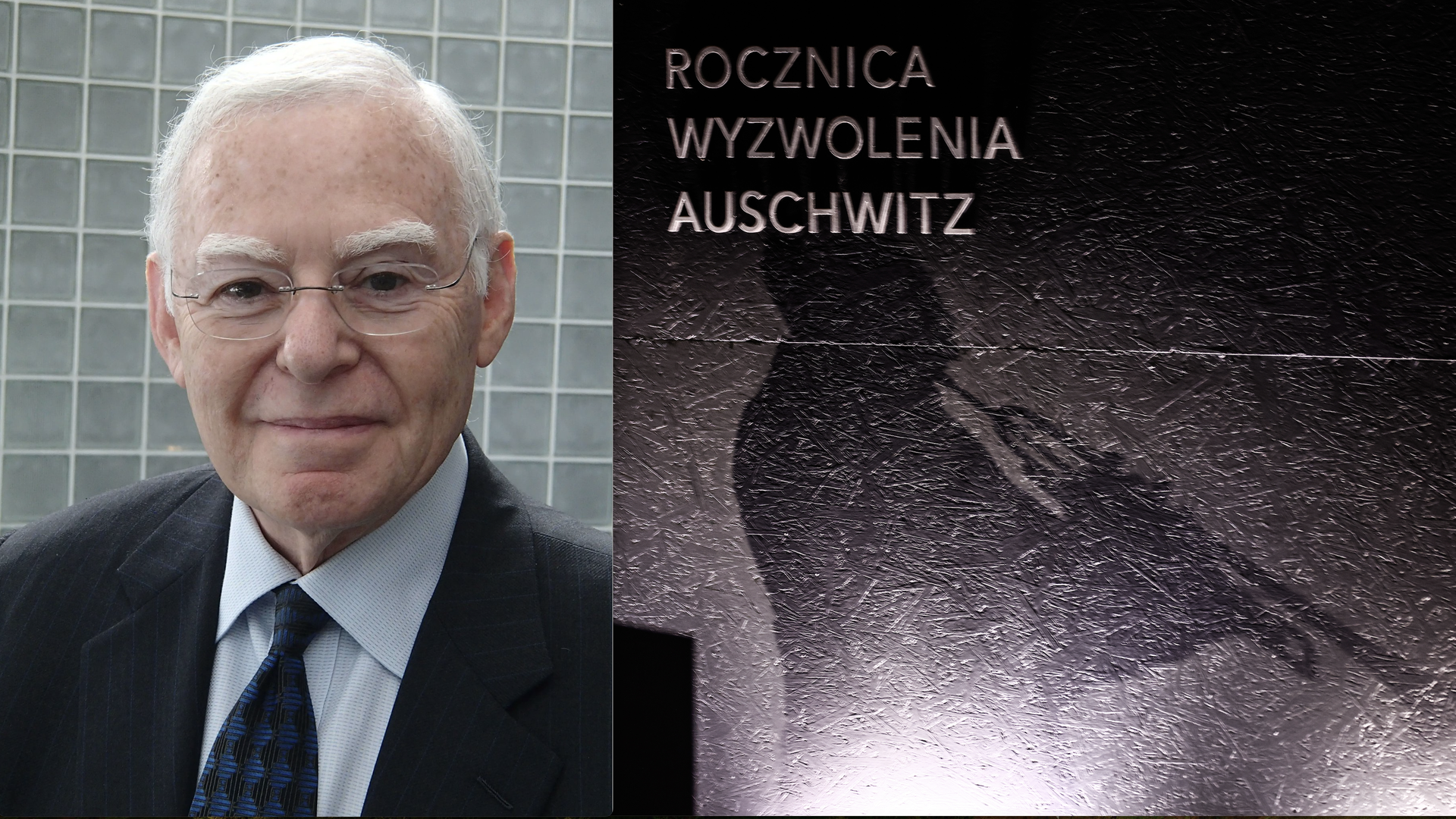 A head shot of Ralph Rehbock is posted next to an image of a ceremony at the former Nazi German Auschwitz-Birkenau concentration camp during the 79th Anniversary Of Auschwitz-Birkenau Liberation and Holocaust Remembrance Day in Brzezinka, Poland on January 27, 2024.