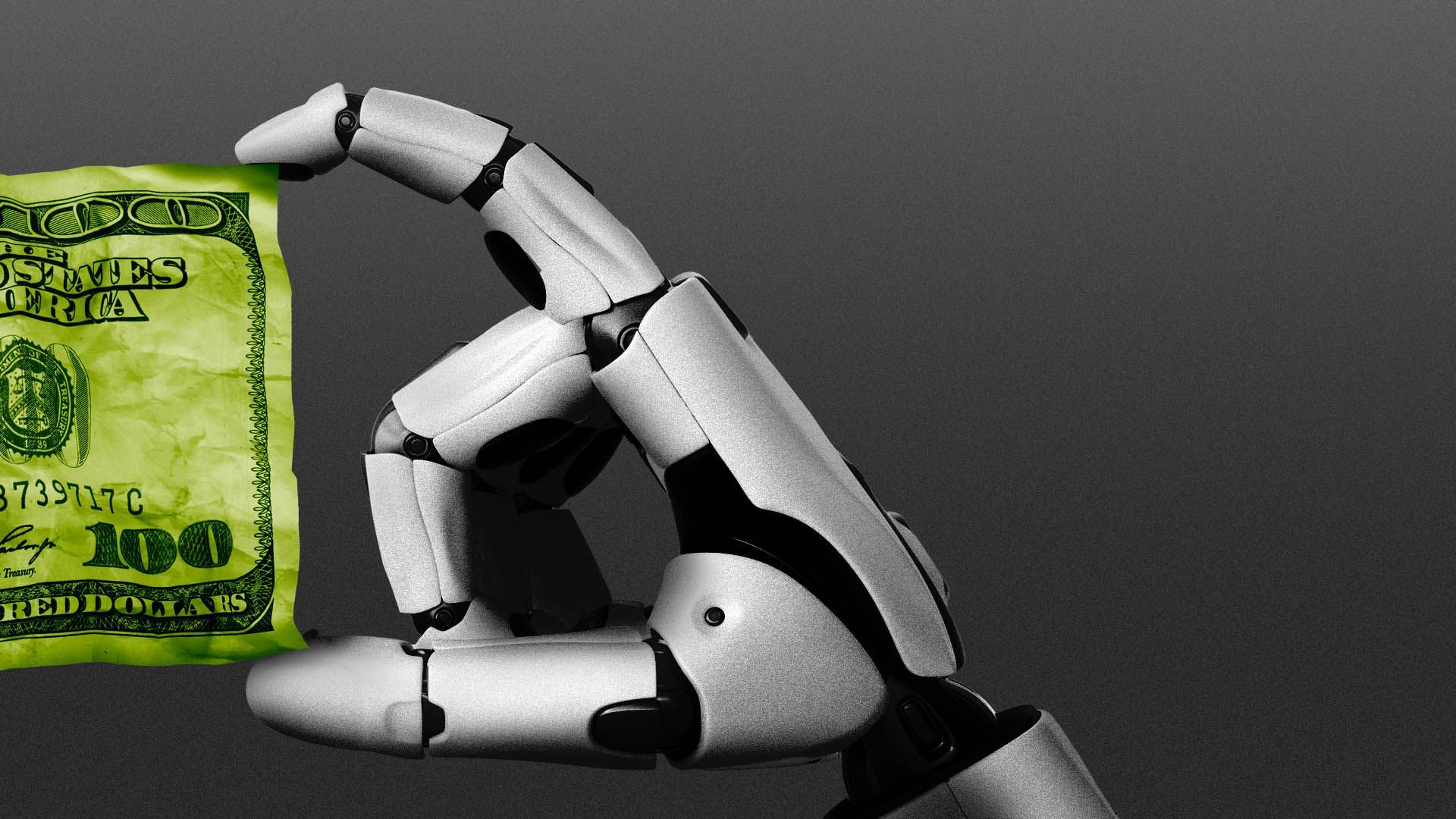 Illustration of a robot hand crumpling a hundred dollar bill