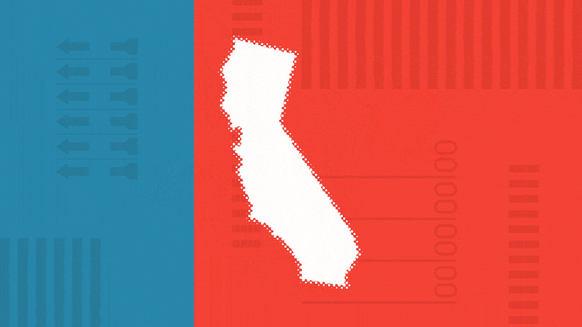 illustration of the shape of California over a divided red and blue background with ballot elements.