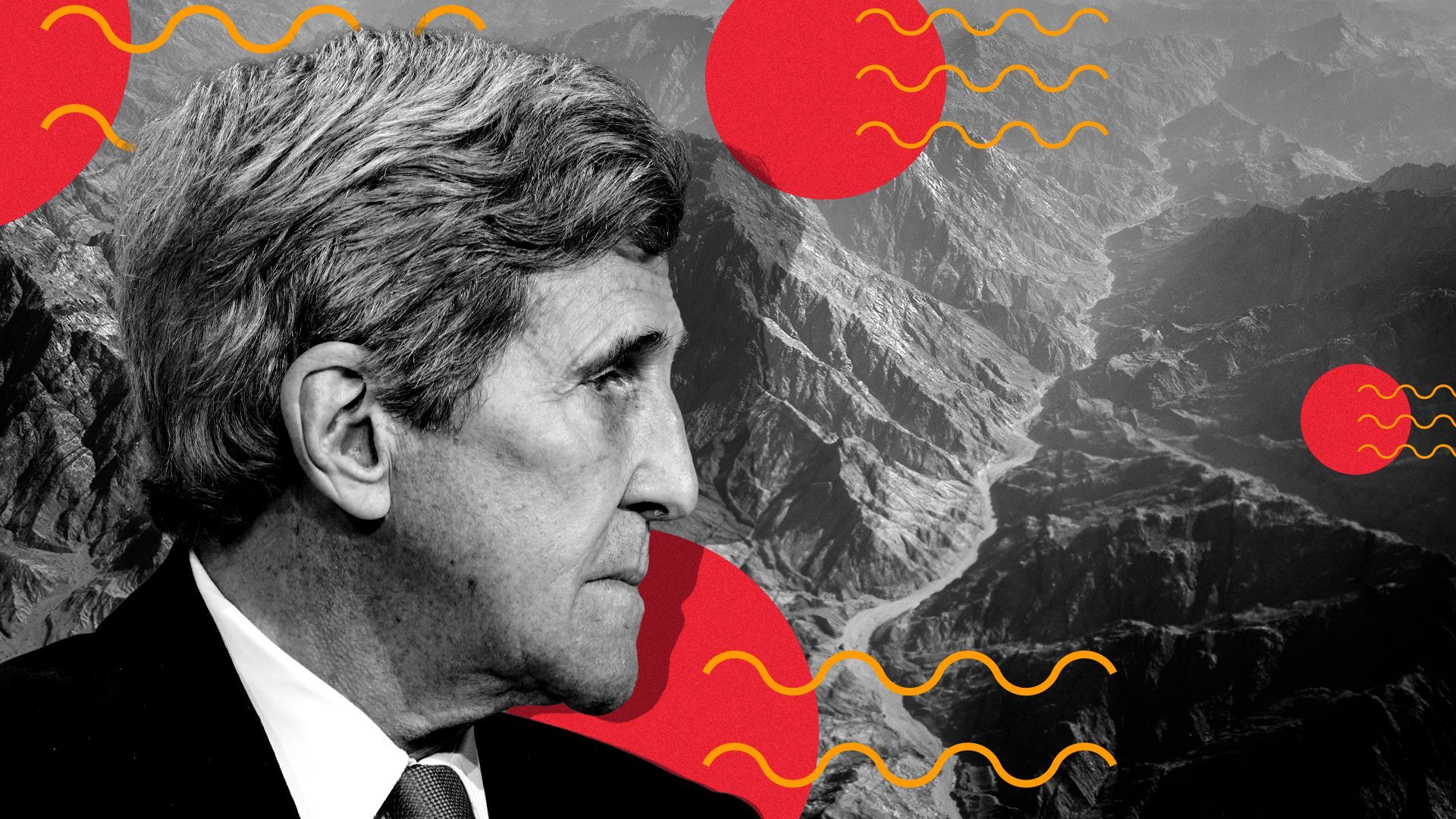 Photo illustration of John Kerry over an image of mountains in the Siani peninsula surrounded by abstract mailing shapes. 