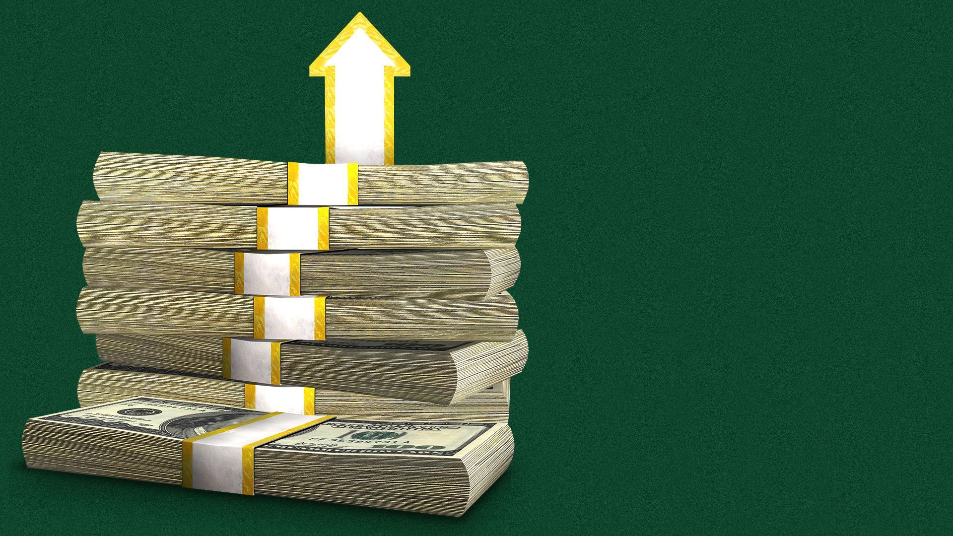 Illustration of stacks of money with a strap that travels upward and forms an upward pointing arrow