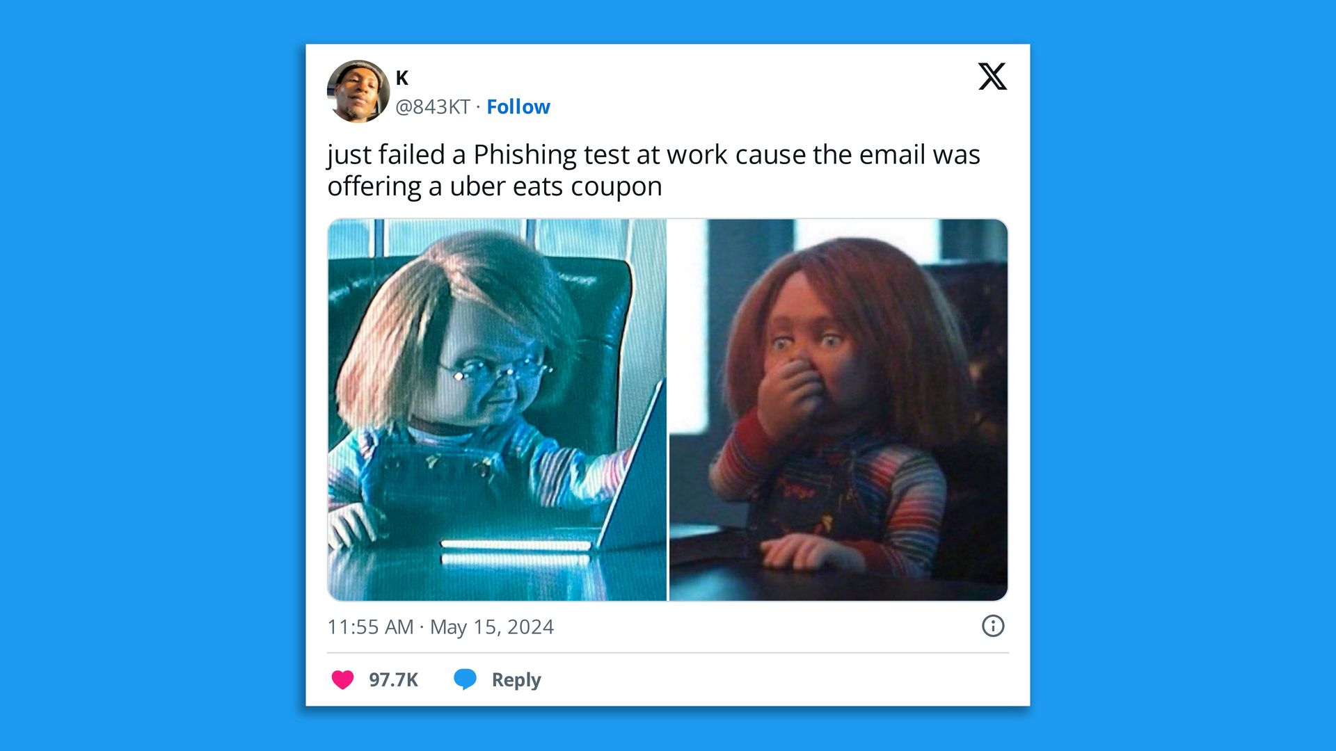 A screenshot of a tweet that says, "just failed a Phishing test at work cause the email was offering a Uber Eats coupon"