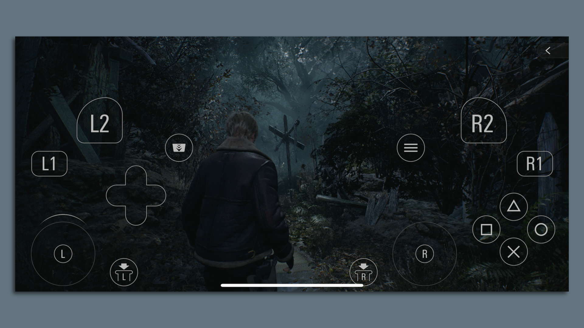 Video game screenshot of a man in a dark forest. The screen is overlaid with more than a dozen touch-screen button prompts