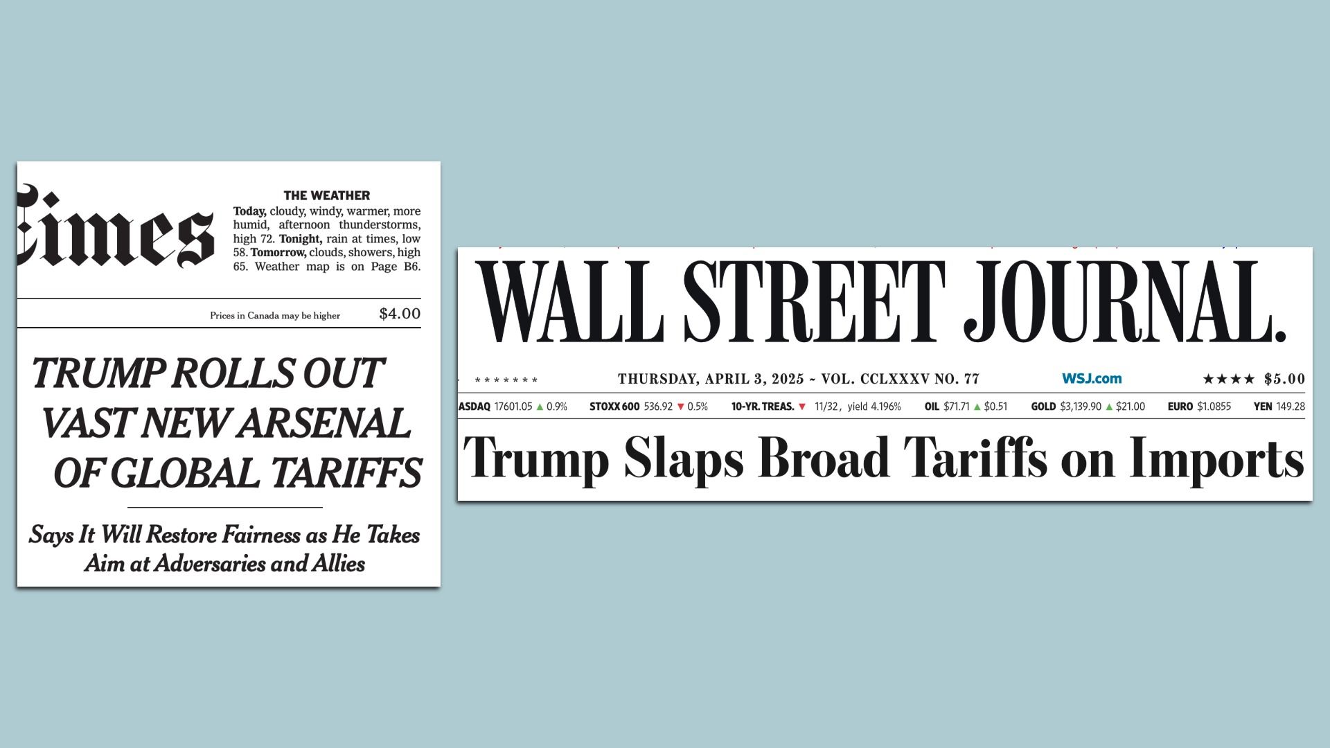 Front pages of today's New York Times, Wall Street Journal 