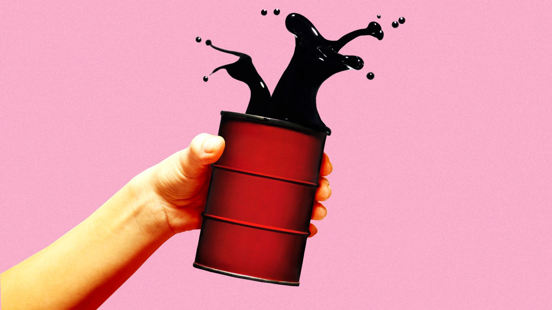 A hand holding an oil can like it was a beer mug with some oil spilling out.