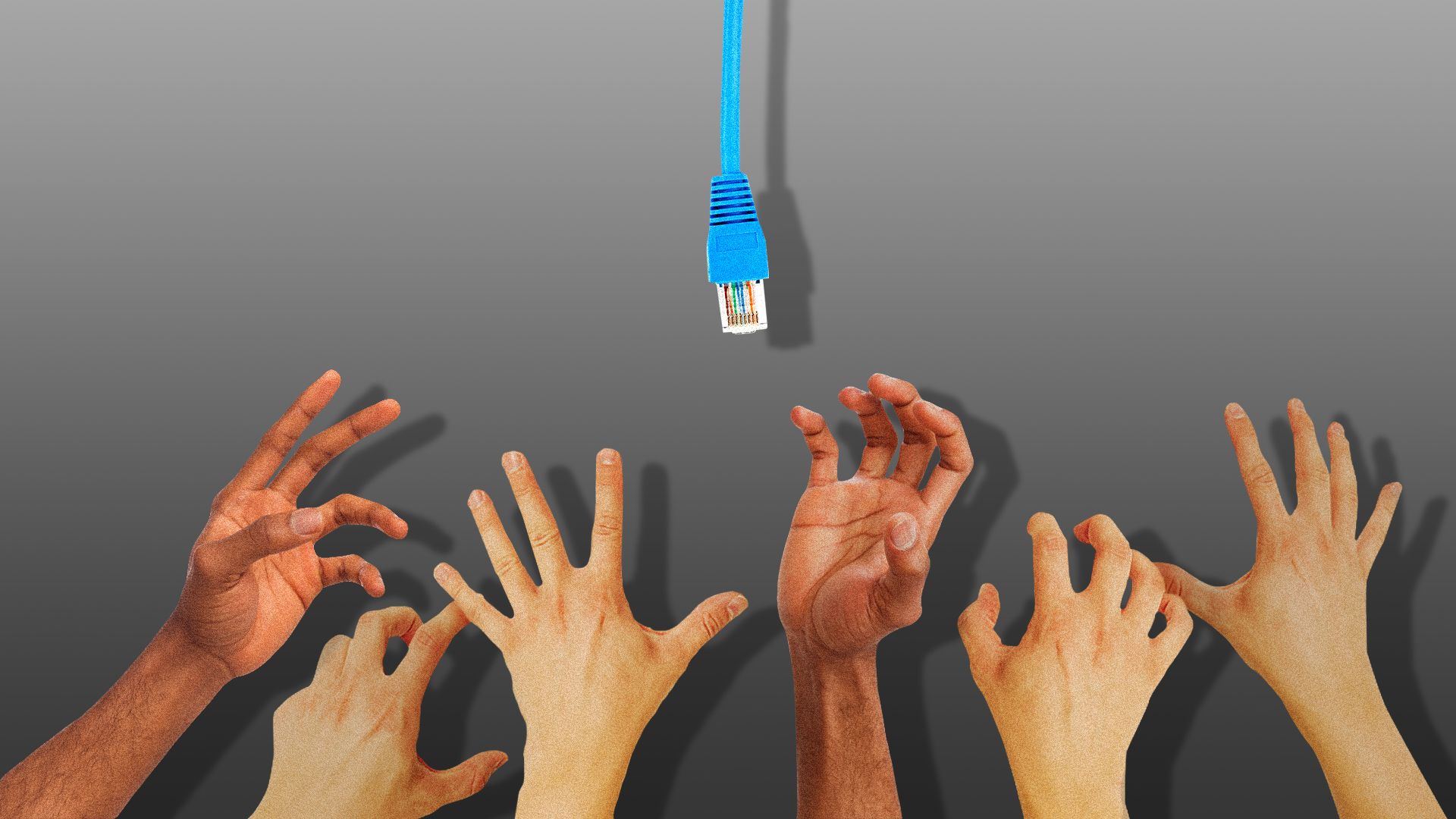 Illustration of hands reaching up to a dangling Ethernet cable.