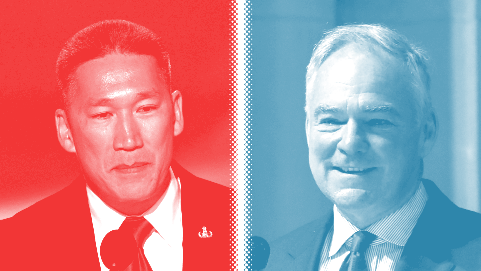 Side by side of Sen. Tim Kaine (D) vs. Hung Cao (R).