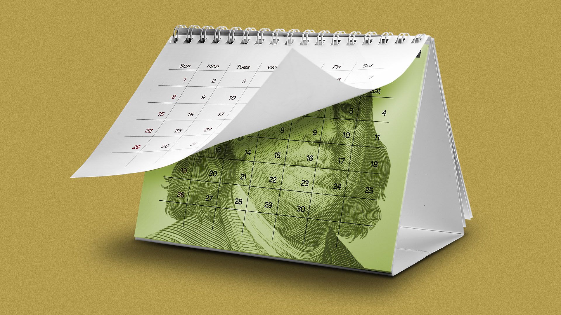 Illustration of a tabletop calendar with a page turned revealing Benjamin Franklin