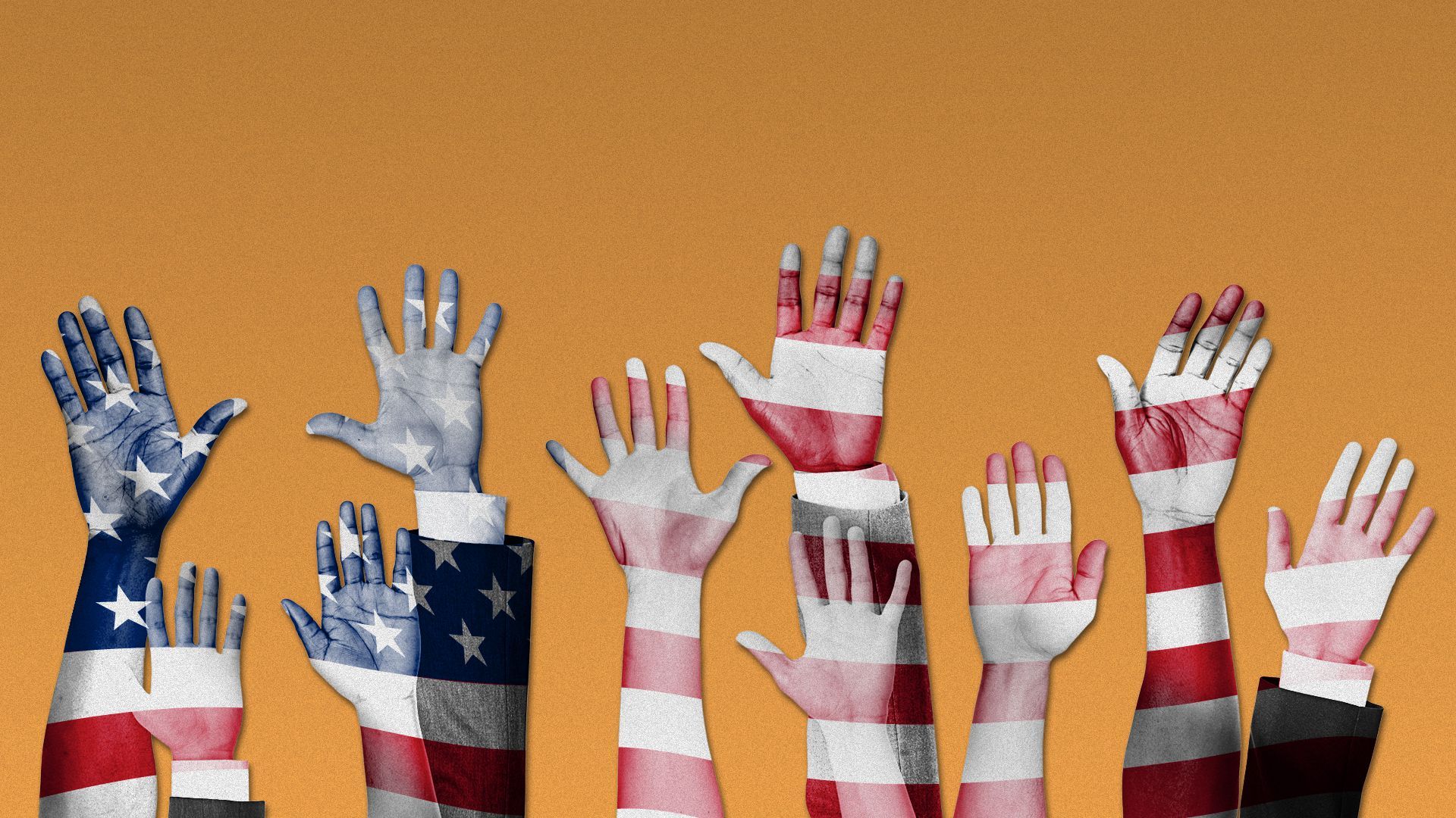 Illustration of a pattern of the US flag on a group of raised hands.