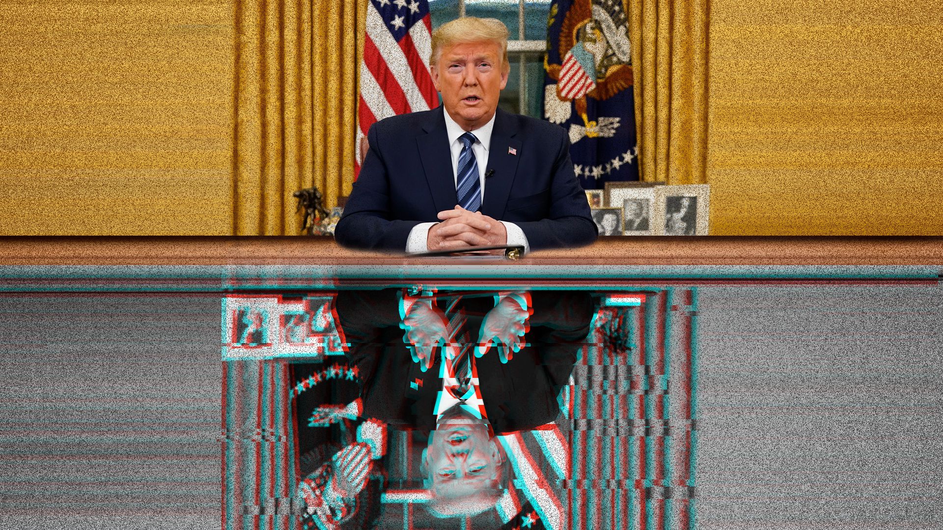 Photo illustration of two images of President Trump, one upside-down and distorted.