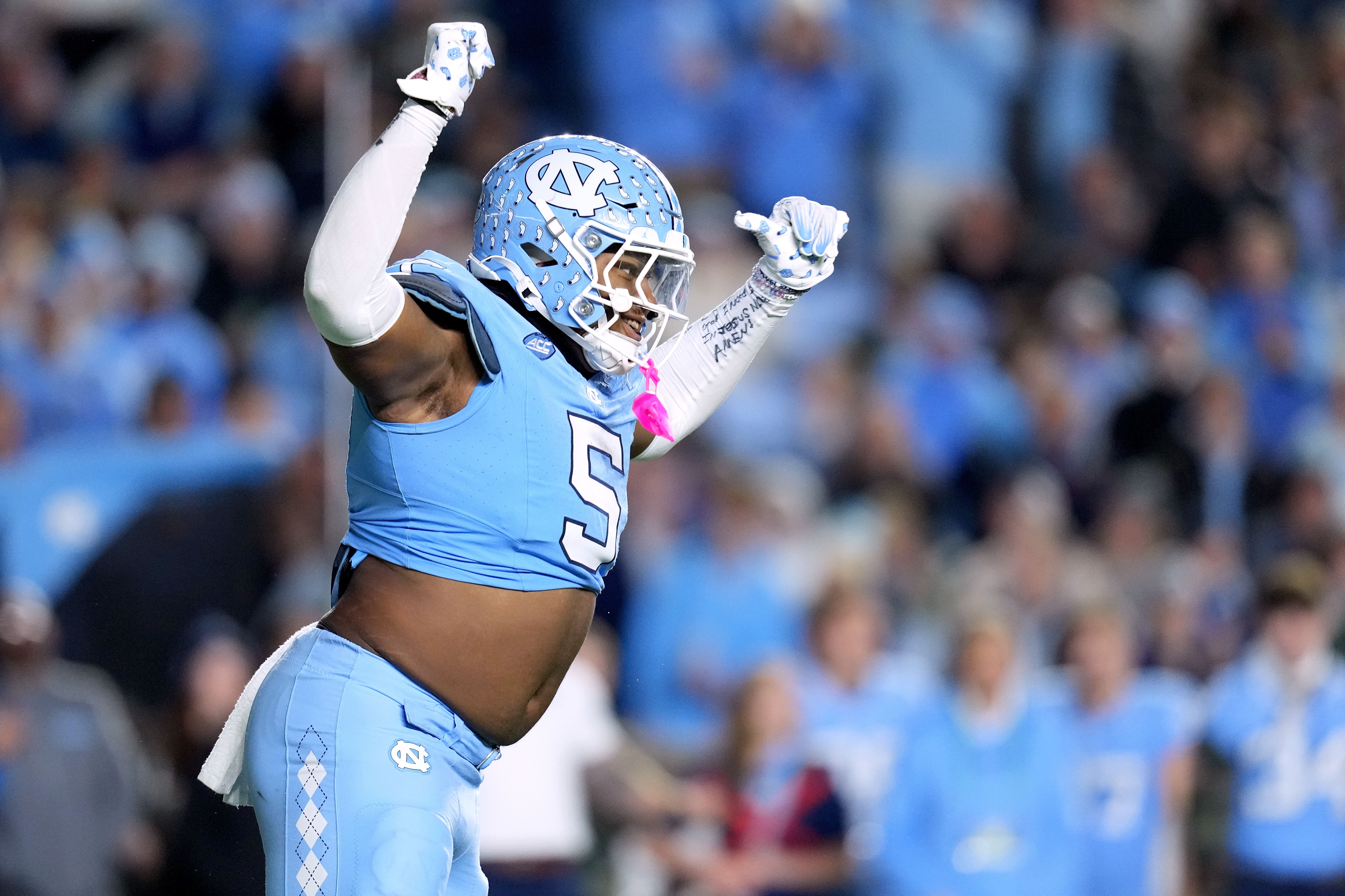Jahvaree Ritzie #5 of the North Carolina Tar Heels reacts after a sack against the Wake Forest Demon Deacons during the first half of the game at Kenan Memorial Stadium on November 16, 2024 in Chapel Hill, North Carolina. (Photo by Grant Halverson/Getty Images)