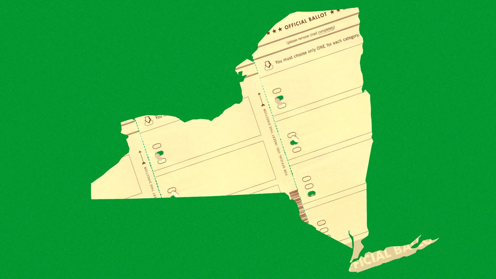 Illustration of election ballots filling a New York state shape