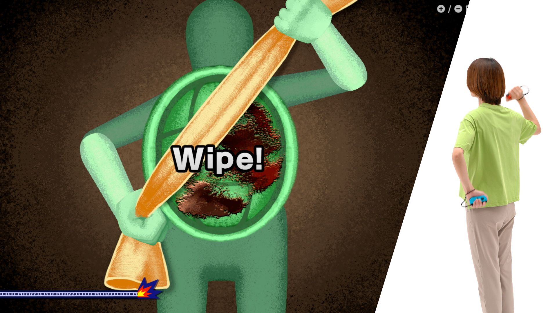 Video game screenshot of a person rubbing their back with a towel while an inset photo of a player shows them making a similar gesture while holding video game controllers.