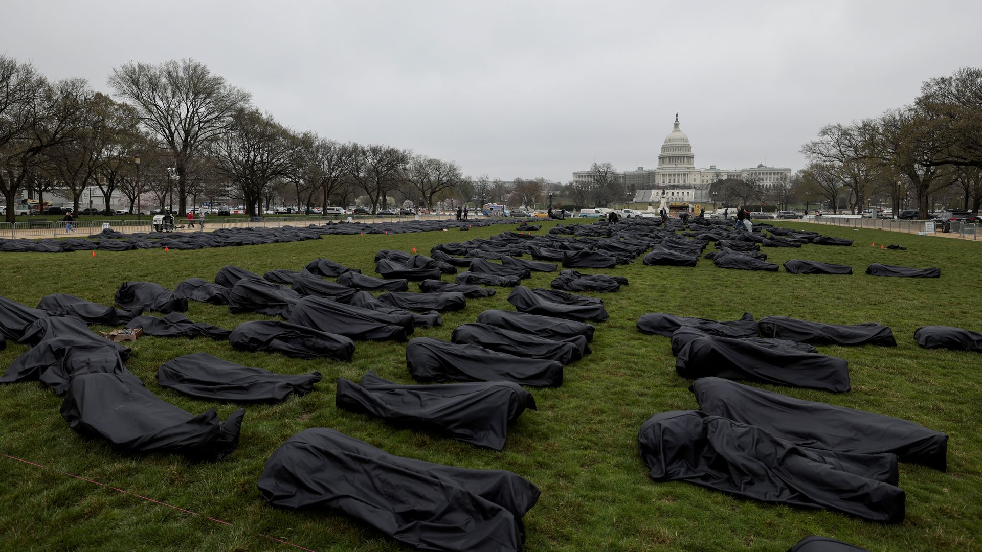 Body bags are assembled on the National Mall by gun control activist group March For Our Lives on March 24, 2022 in Washington, DC. 
