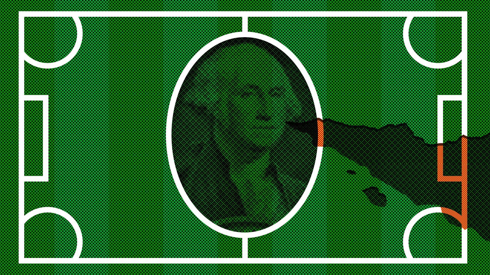 Illustration of a sports field shaped like a dollar with a rip through it