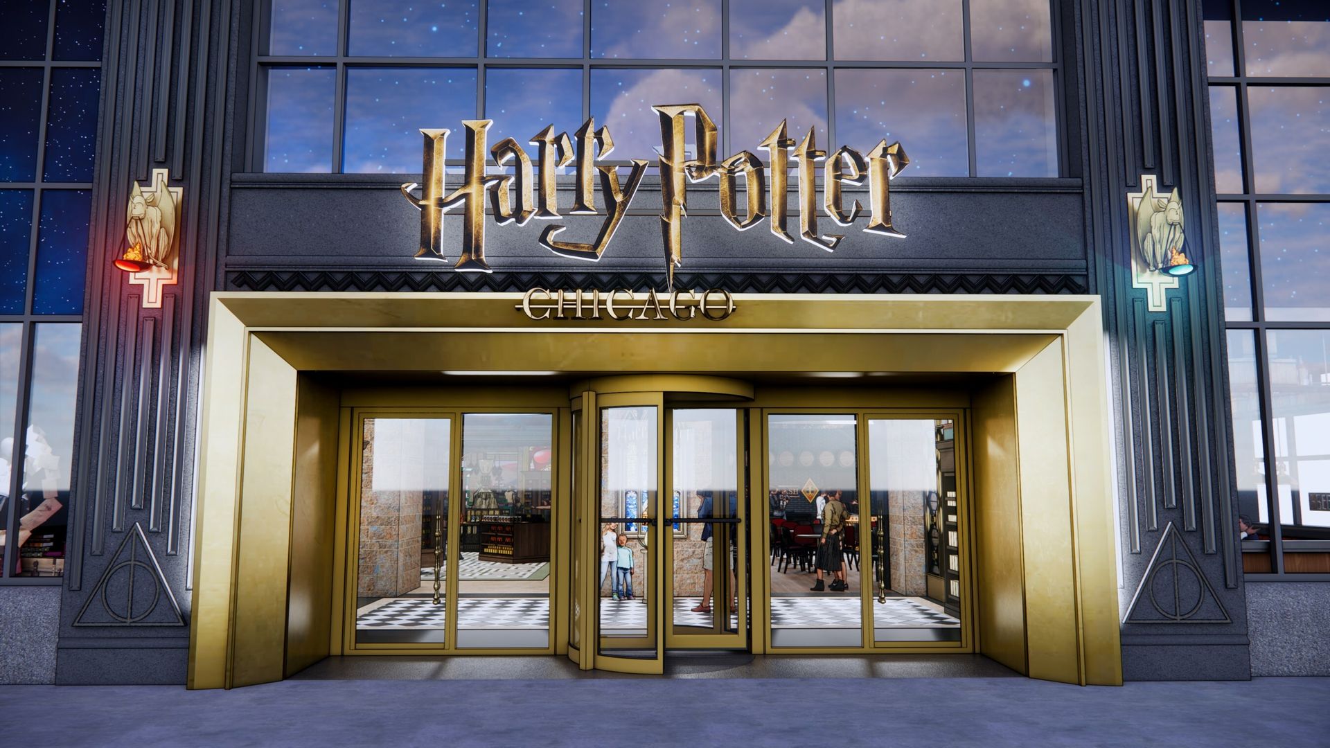 Photo of a gold entrance to a store with a sign that says "Harry Potter Chicago"