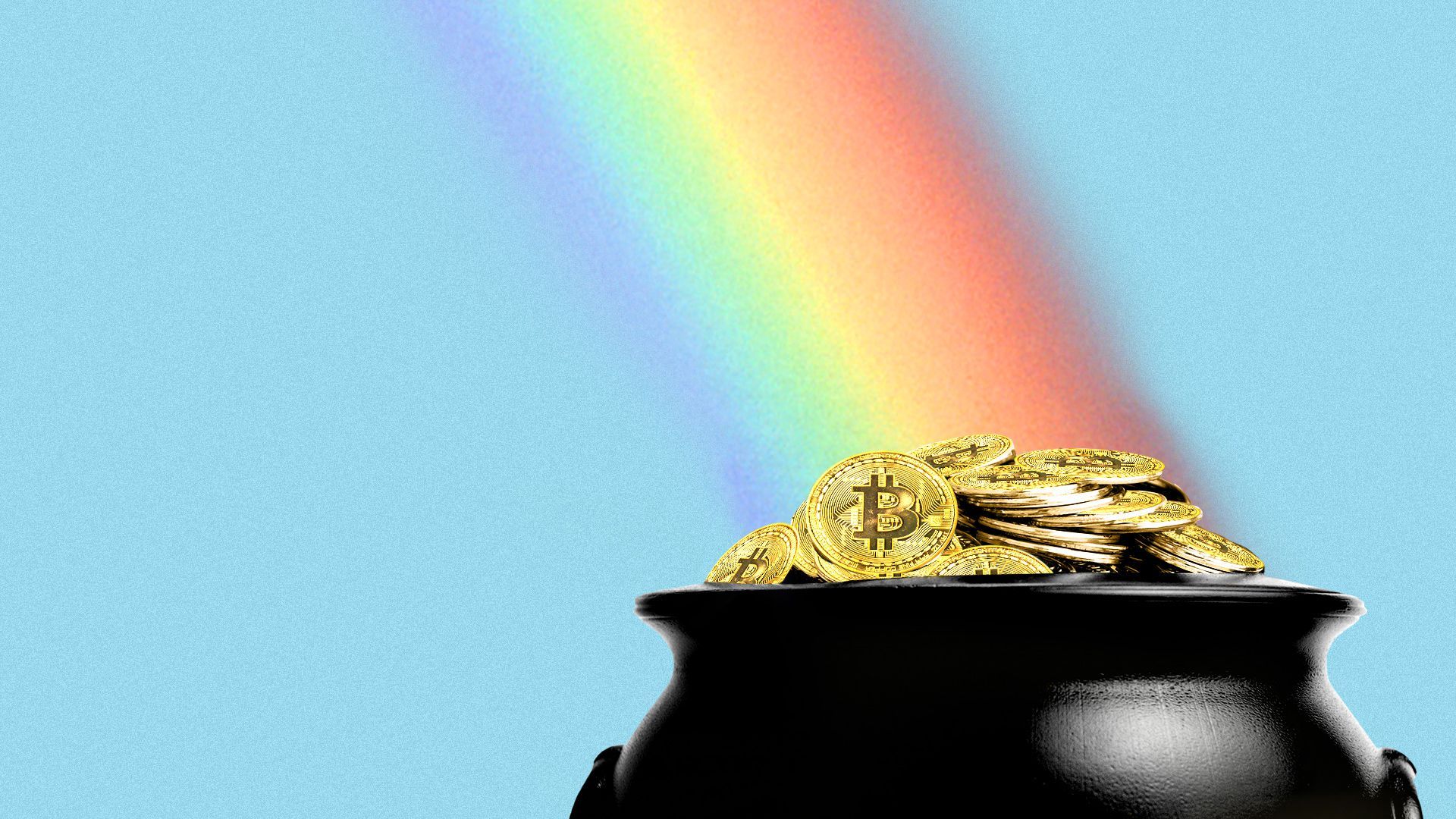 Illustration of a pot of Bitcoins at the end of a rainbow. 
