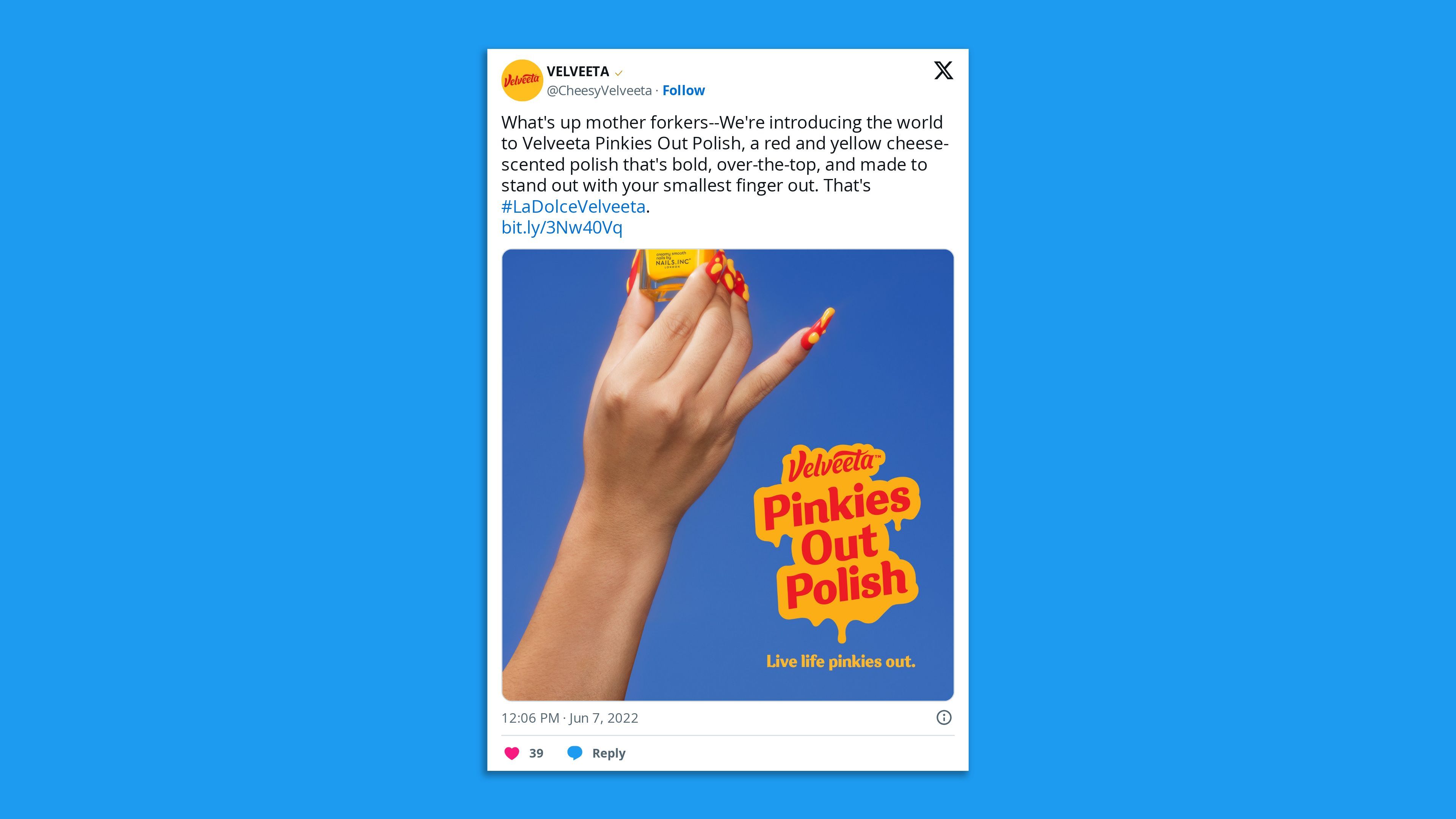 A tweet on X shows an ad for Velveeta nail polish.