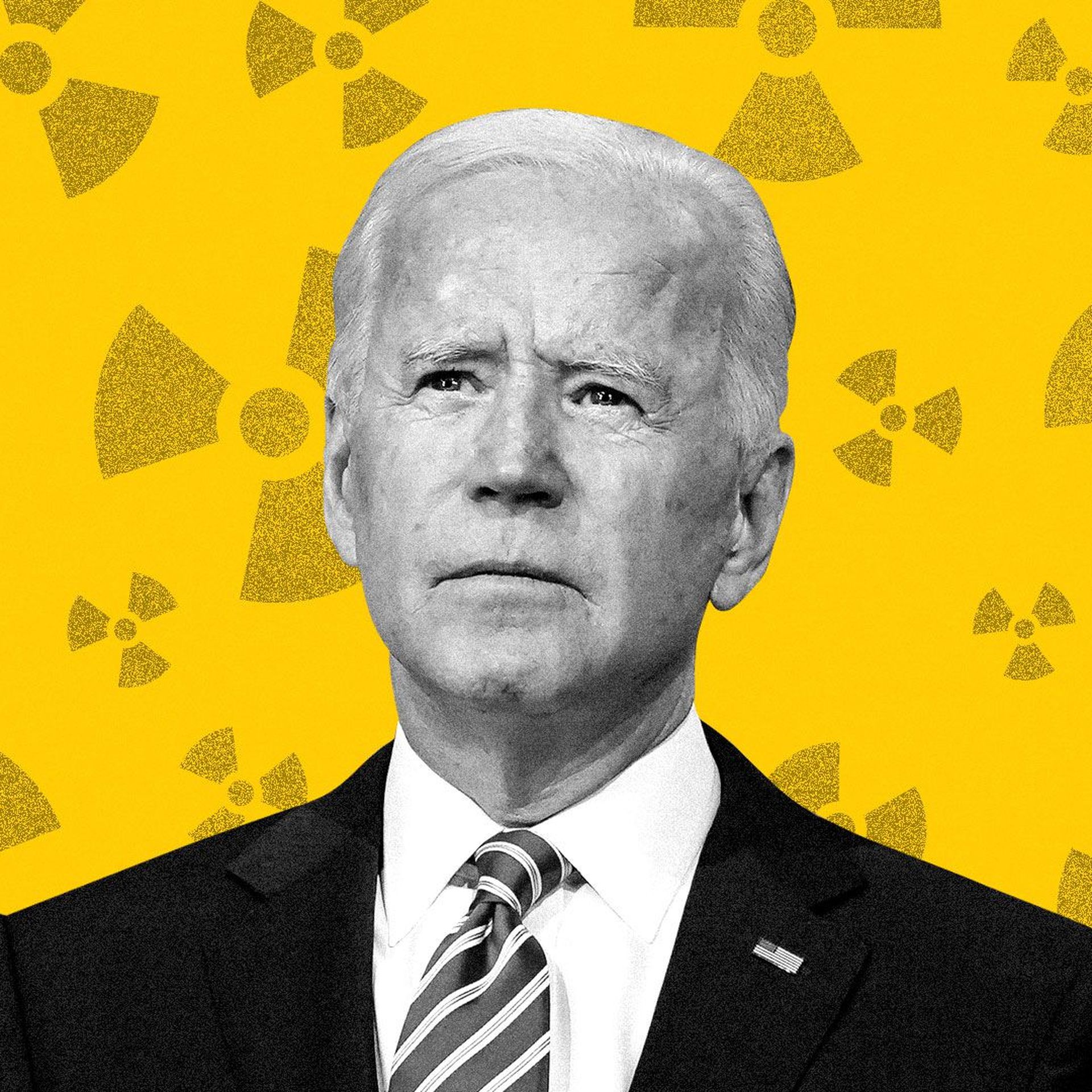 Illustration of serious looking Joseph Biden on a nuclear icon pattern