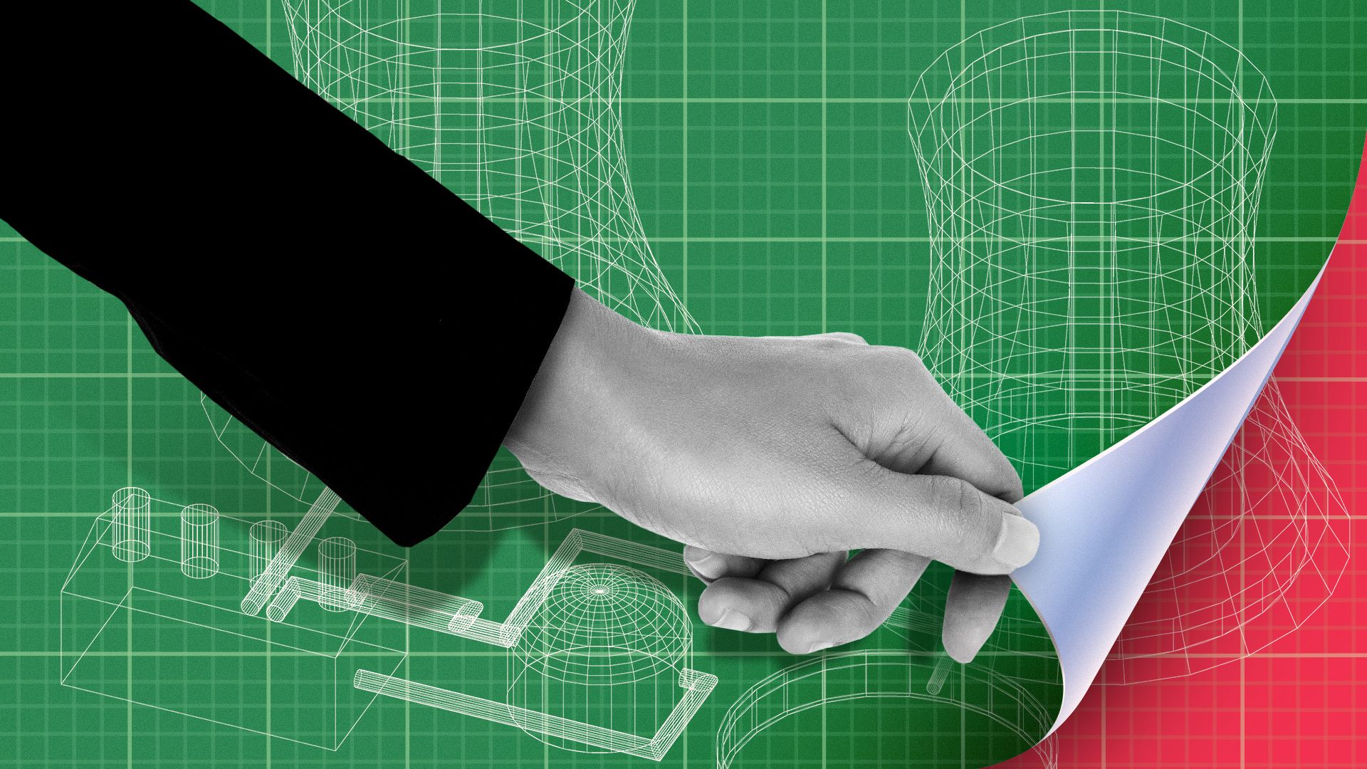 Illustration of a hand pulling a green colored blueprint from the corner to reveal a red colored blueprint showing the same drawing. 