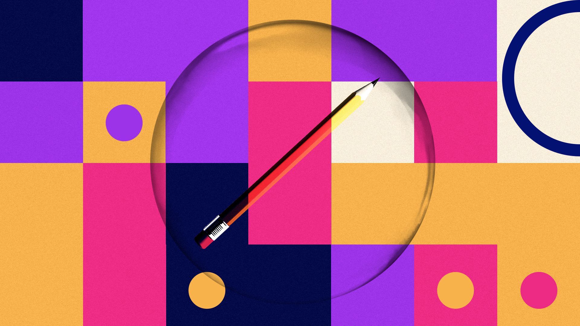 Illustration of pencil in a bubble with a grid background and circles