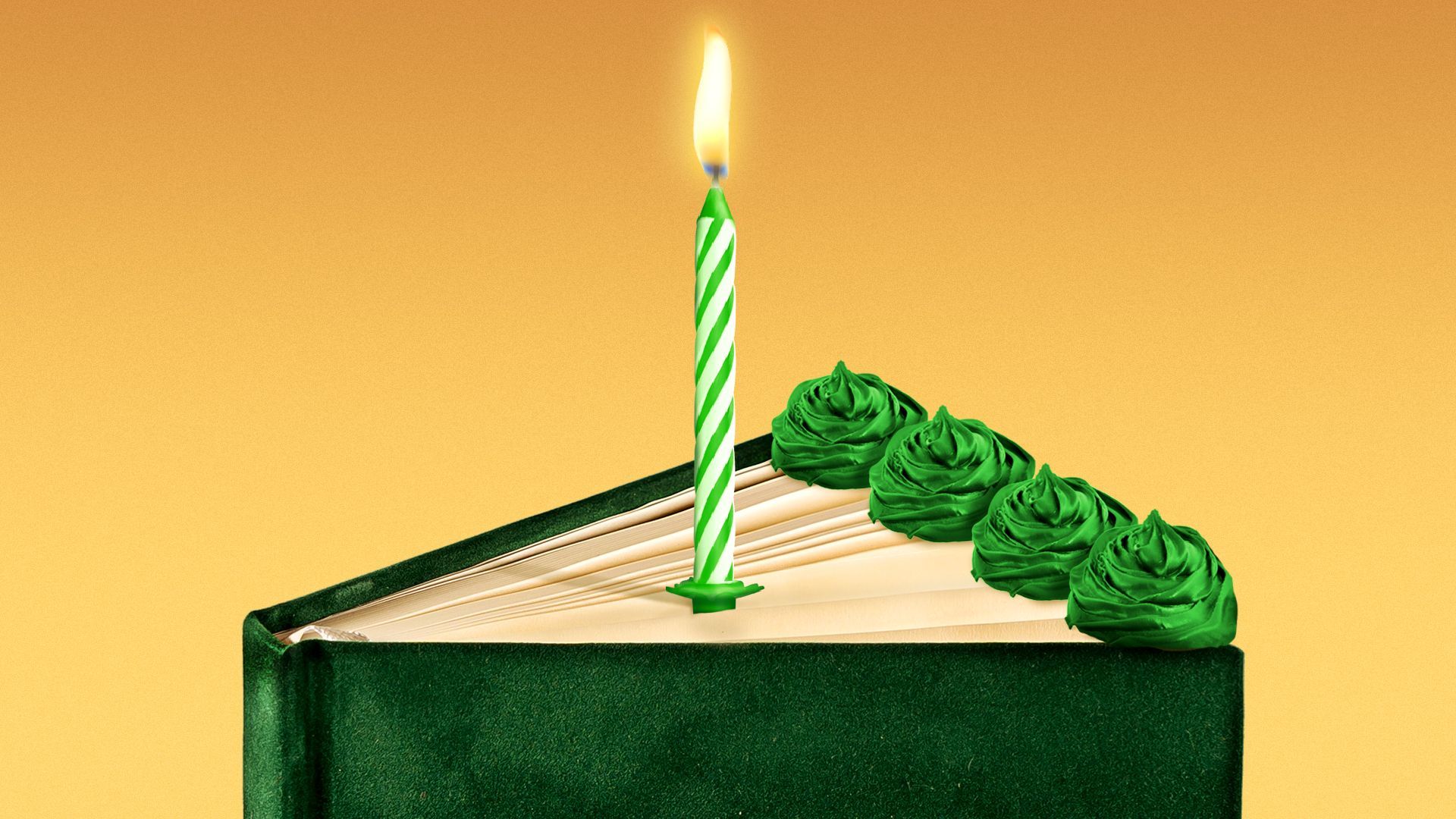 Illustration of a book with frosting and a lit birthday candle.