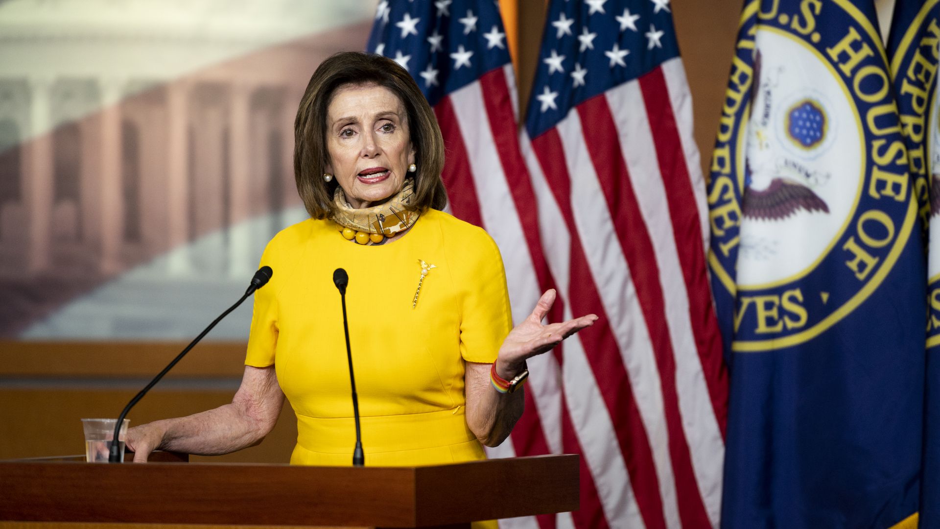 Speaker of the House Nancy Pelosi, D-Calif.,holds her weekly news conference in the Capitol on Wednesday.